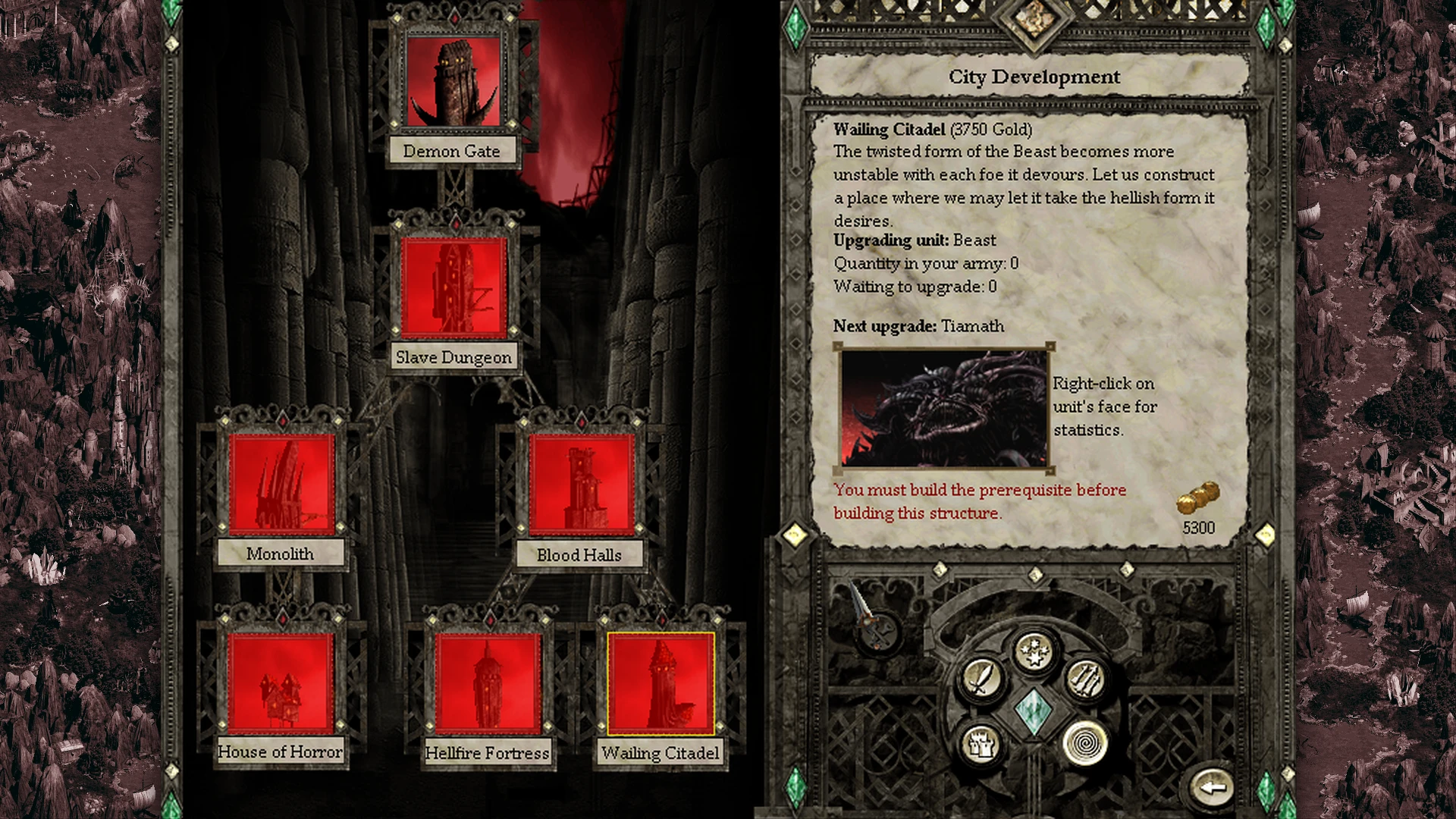 Screenshot of city development buildings and upgrade details for Beast unit in Disciples 2 mod