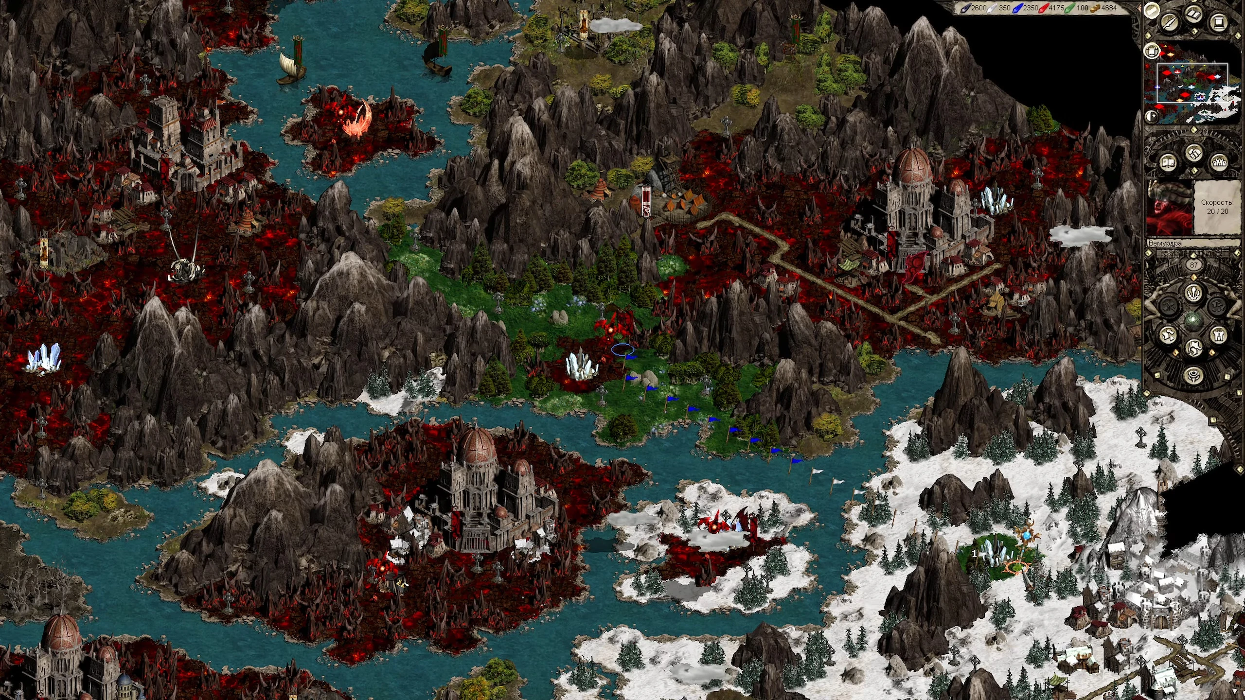 Детальная карта игры с замками, горами, реками и юнитами в моде DoM'sMoD для Disciples II