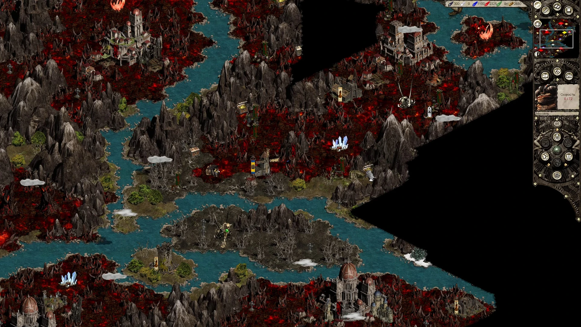 Скриншот из Disciples II с огненным пейзажем, горами, реками и интерфейсом карты из мода DoM'sMoD