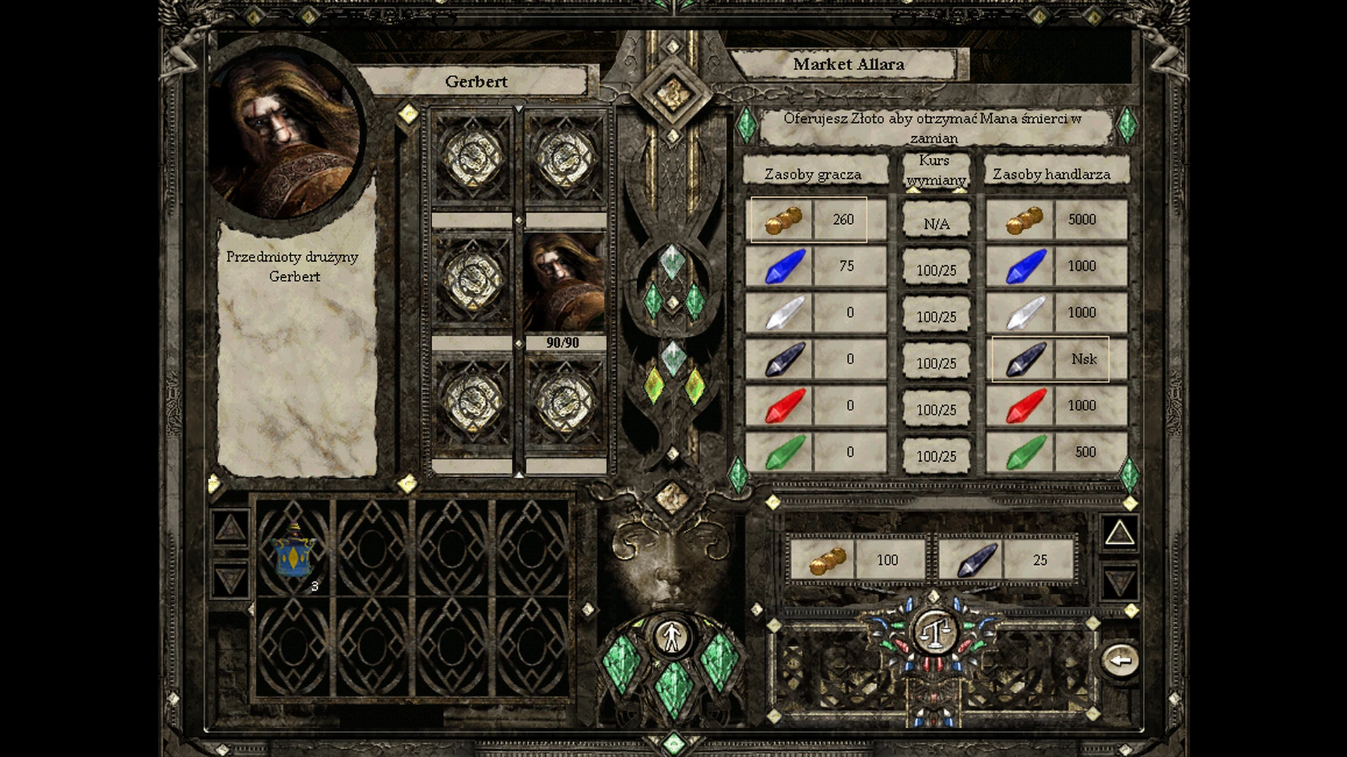 Disciples II mod trading interface with character portrait Gerbert and gem resource values