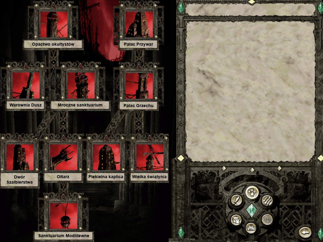 Screenshot showing a dark faction building tree with names in Polish in The Story of Nevendaar mod for Disciples II