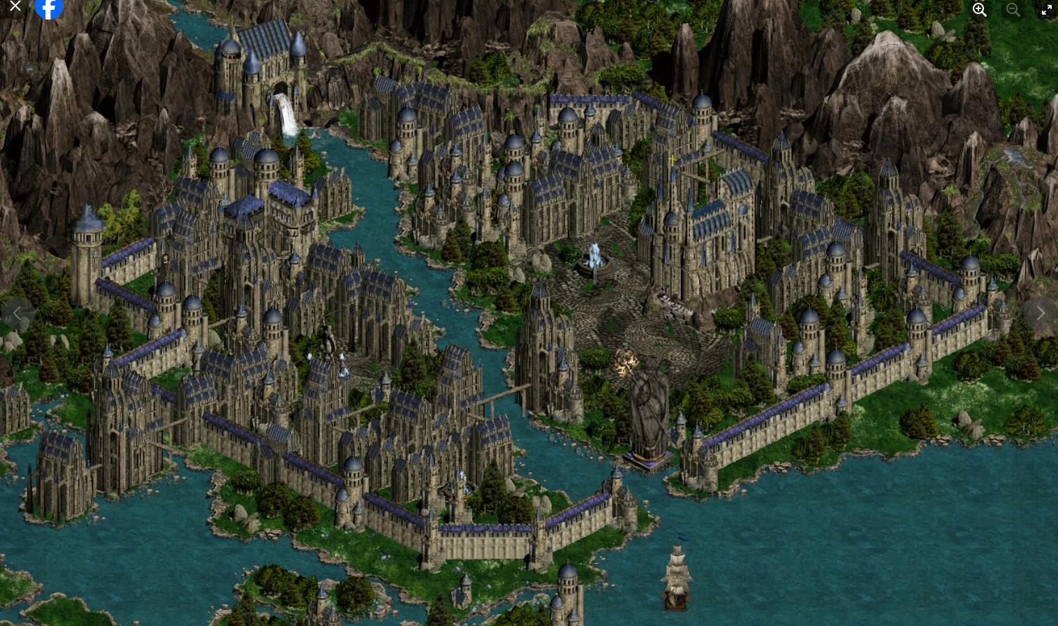 A detailed medieval fortress city surrounded by water with stone walls, towers, bridges, and a large statue in a fantasy game mod