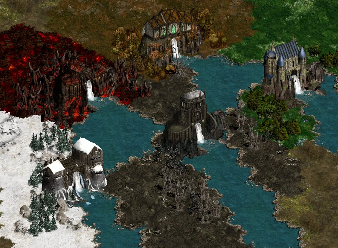 Disciples II mod map showing snowy, fiery, forested, and dark kingdoms separated by rivers