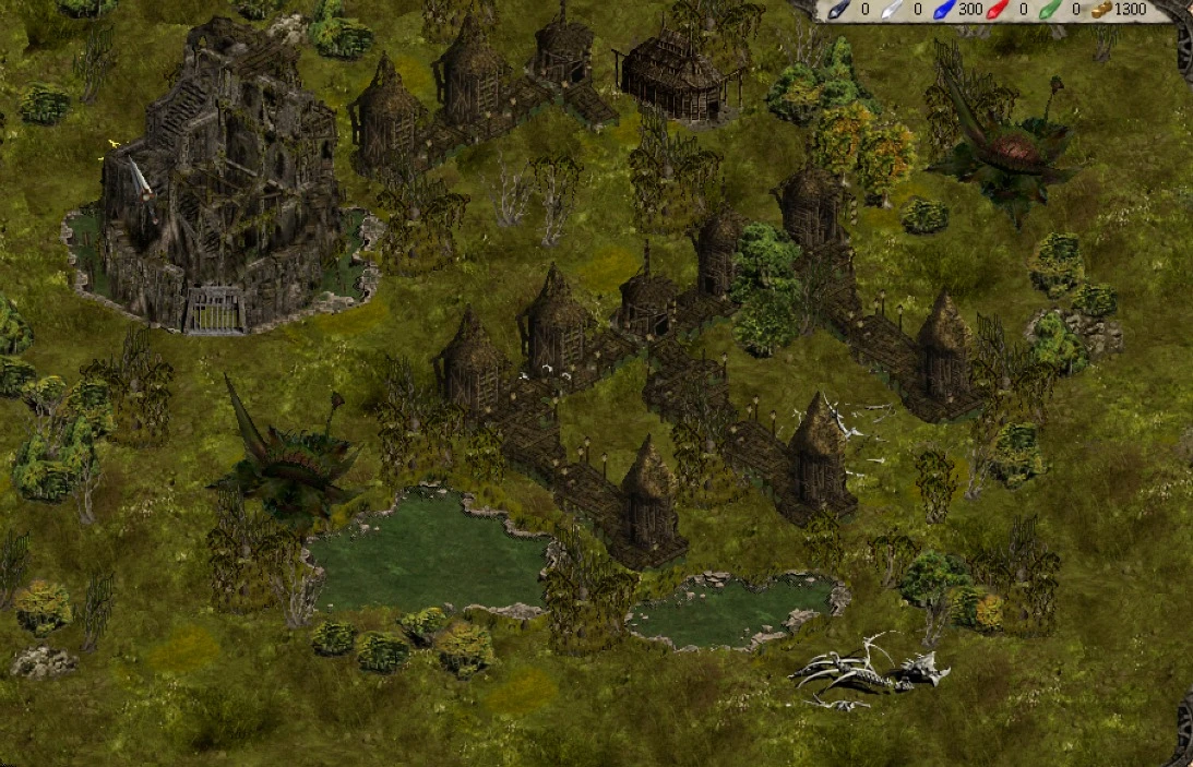 Top-down view of ruined village buildings and dragon bones near small ponds in Disciples II Story of Nevendaar mod