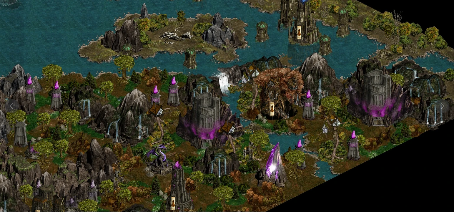 Isometric view of a fantasy game map featuring rocky terrain, purple glowing towers, waterfalls, and a dark tree