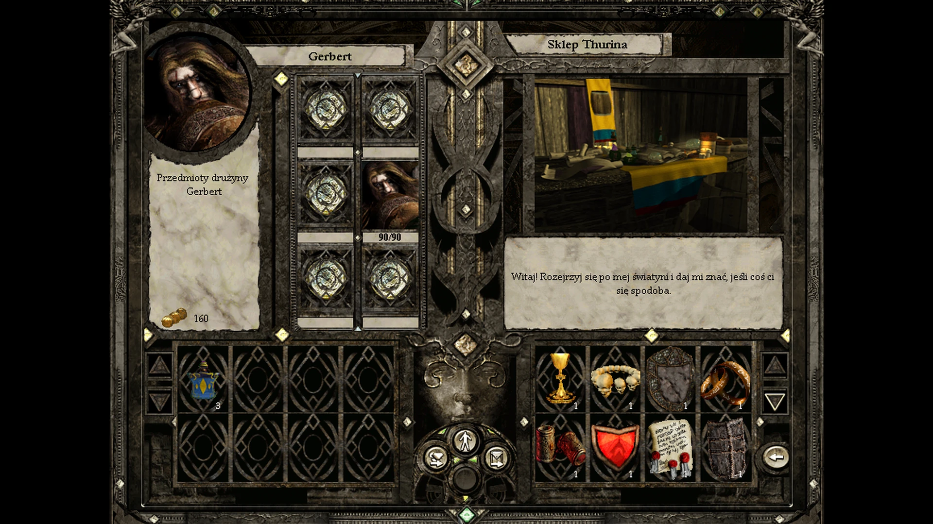 Game screen showing character Gerbert's inventory and shop items in Disciples II Story of Nevendaar mod