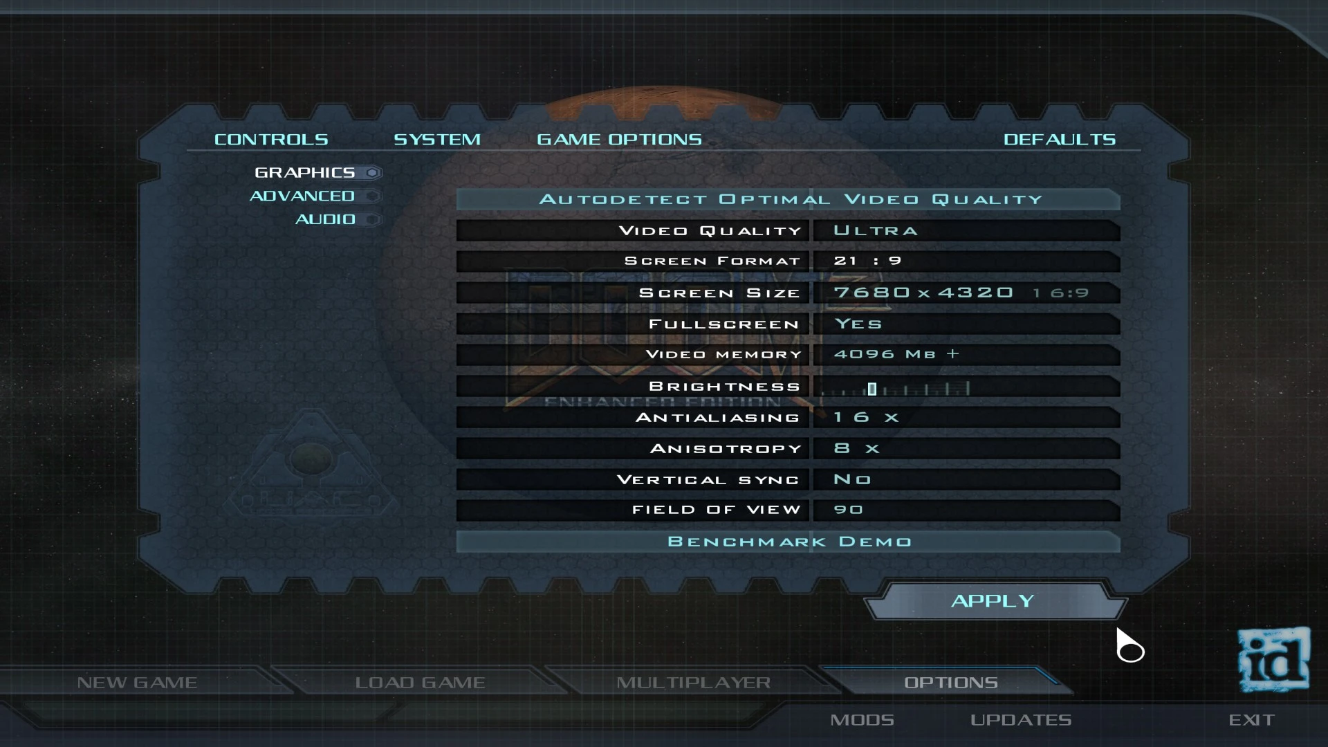 Captura del menú de opciones de video de Doom 3 Enhanced Edition con calidad ultra, resolución 7680x4320 y formato panorámico 21:9
