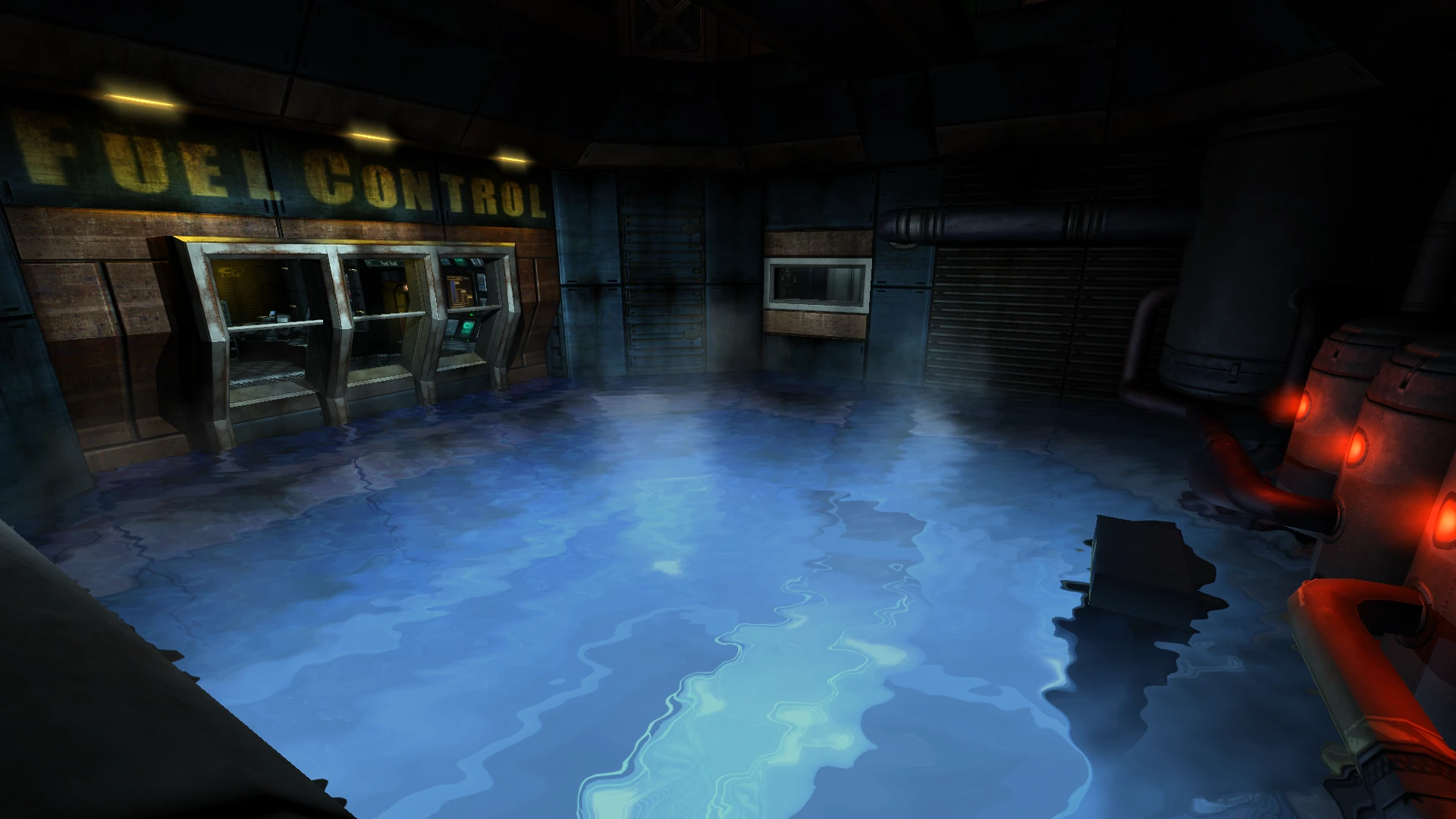 Внутреннее помещение залитое водой с панелями управления и трубами в моде DOOM 3 Phobos