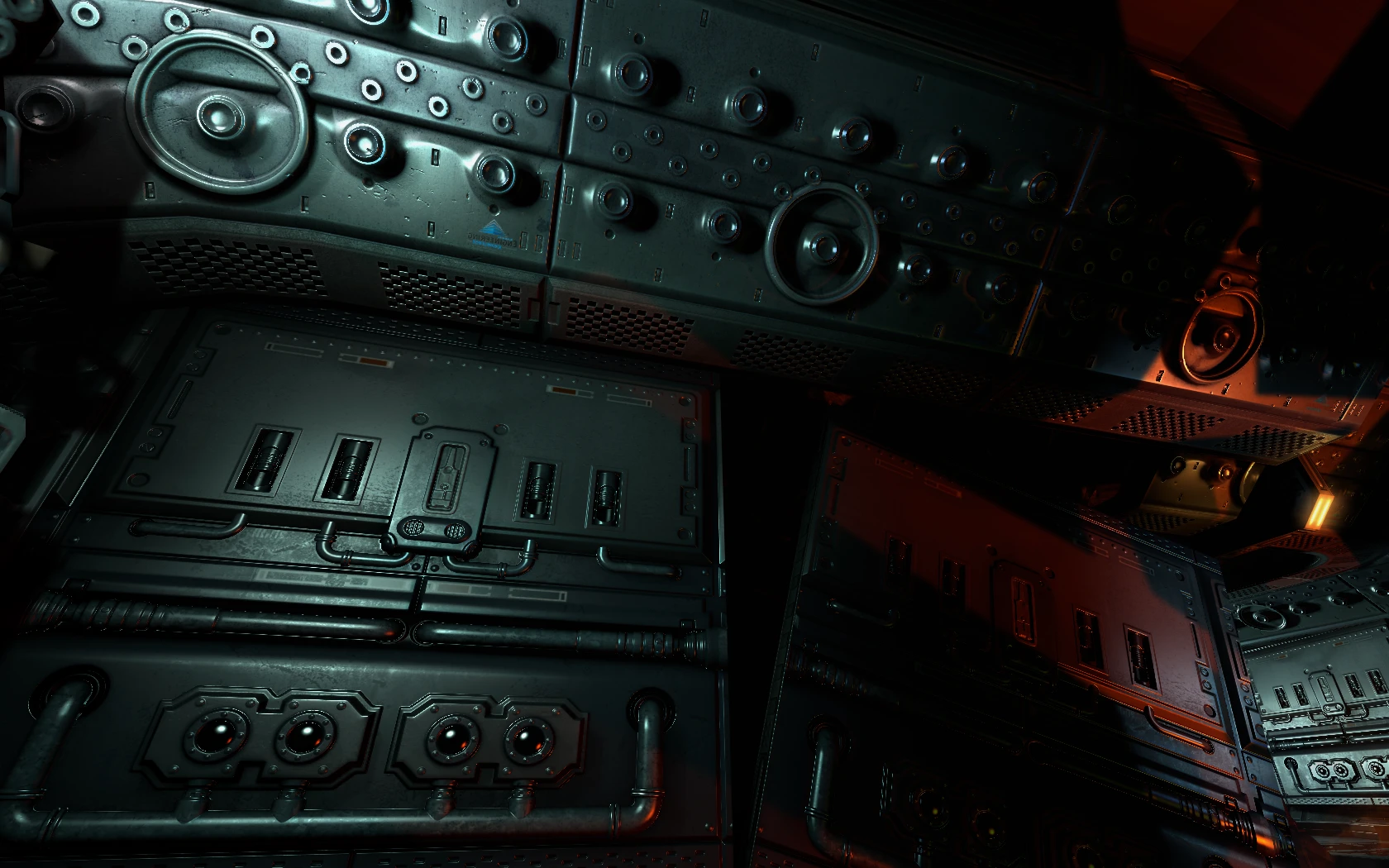 Detailreiche Bedienfelder und Rohre in einem dunklen Sci-Fi-Korridor mit orangefarbener und blauer Beleuchtung