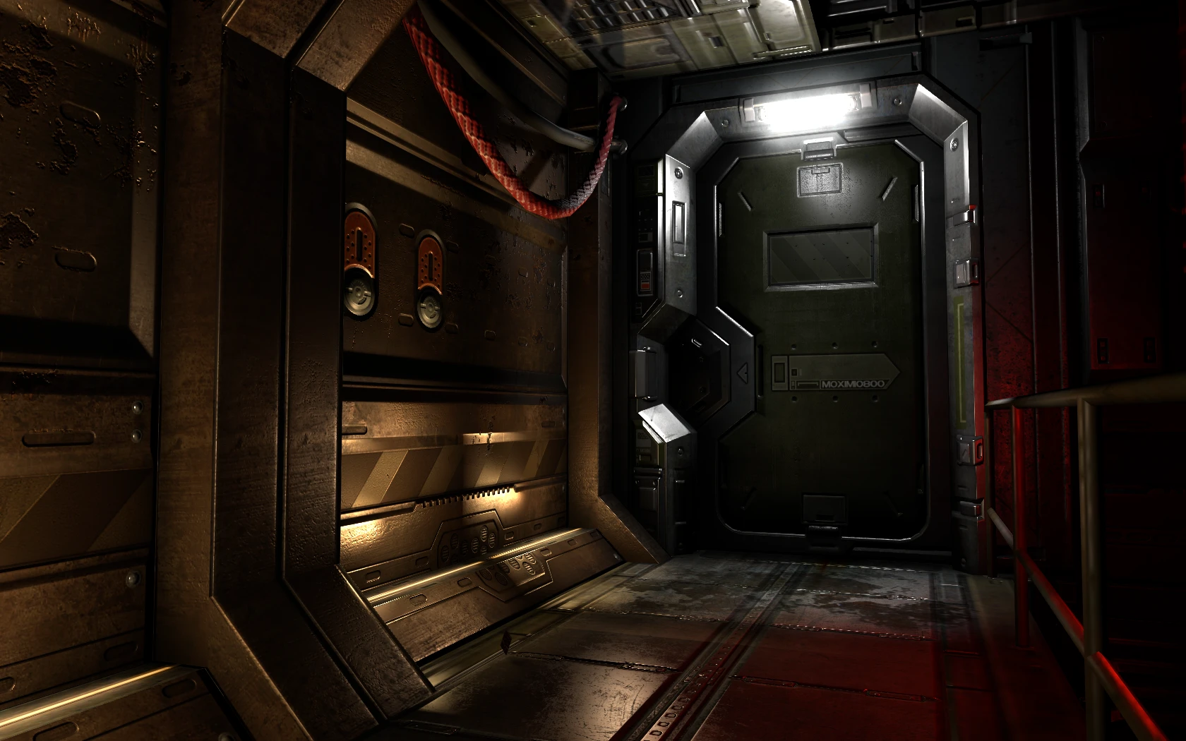 Ein schwach beleuchteter Industrieflur mit Metallwänden und einer schweren, beleuchteten Tür im DOOM 3 Redux Mod