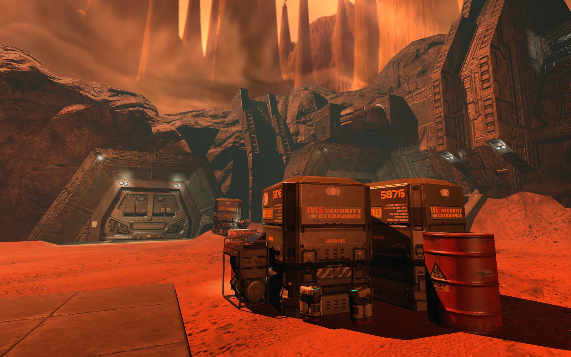 Eine Marslandschaft mit orangefarbenem, felsigem Terrain und einer Hightech-Basis mit Sicherheitscontainern und Fässern