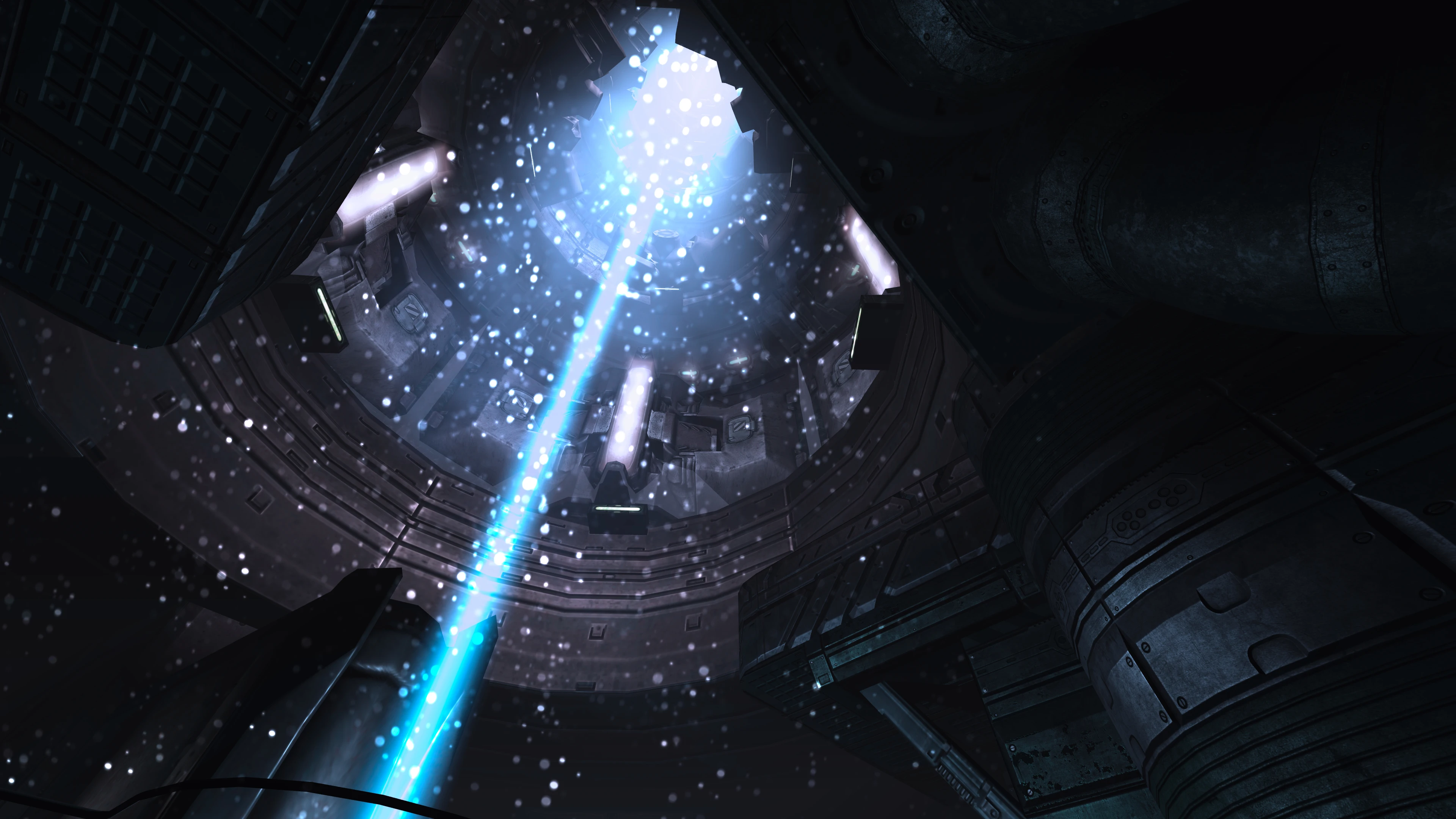 Heller blauer Energiestrahl schießt nach oben in einer dunklen metallischen zylindrischen Kammer mit Partikeleffekten im Doom 3 Redux Mod