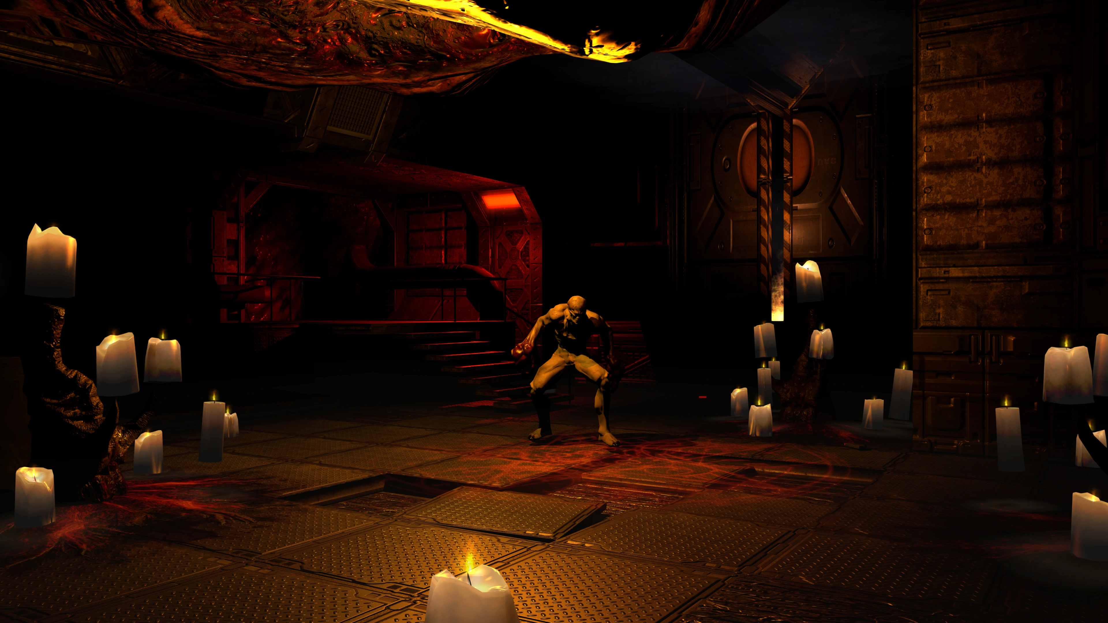 Eine humanoide Kreatur kauert in einem schwach beleuchteten Industrie-Raum umgeben von Kerzen und roten Ritualsymbolen im DOOM 3 Redux Mod