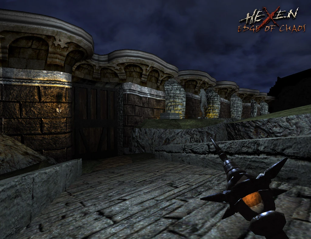 Captura del mod Hexen Edge of Chaos de Doom 3 mostrando una fortaleza de piedra y un arma visible de noche