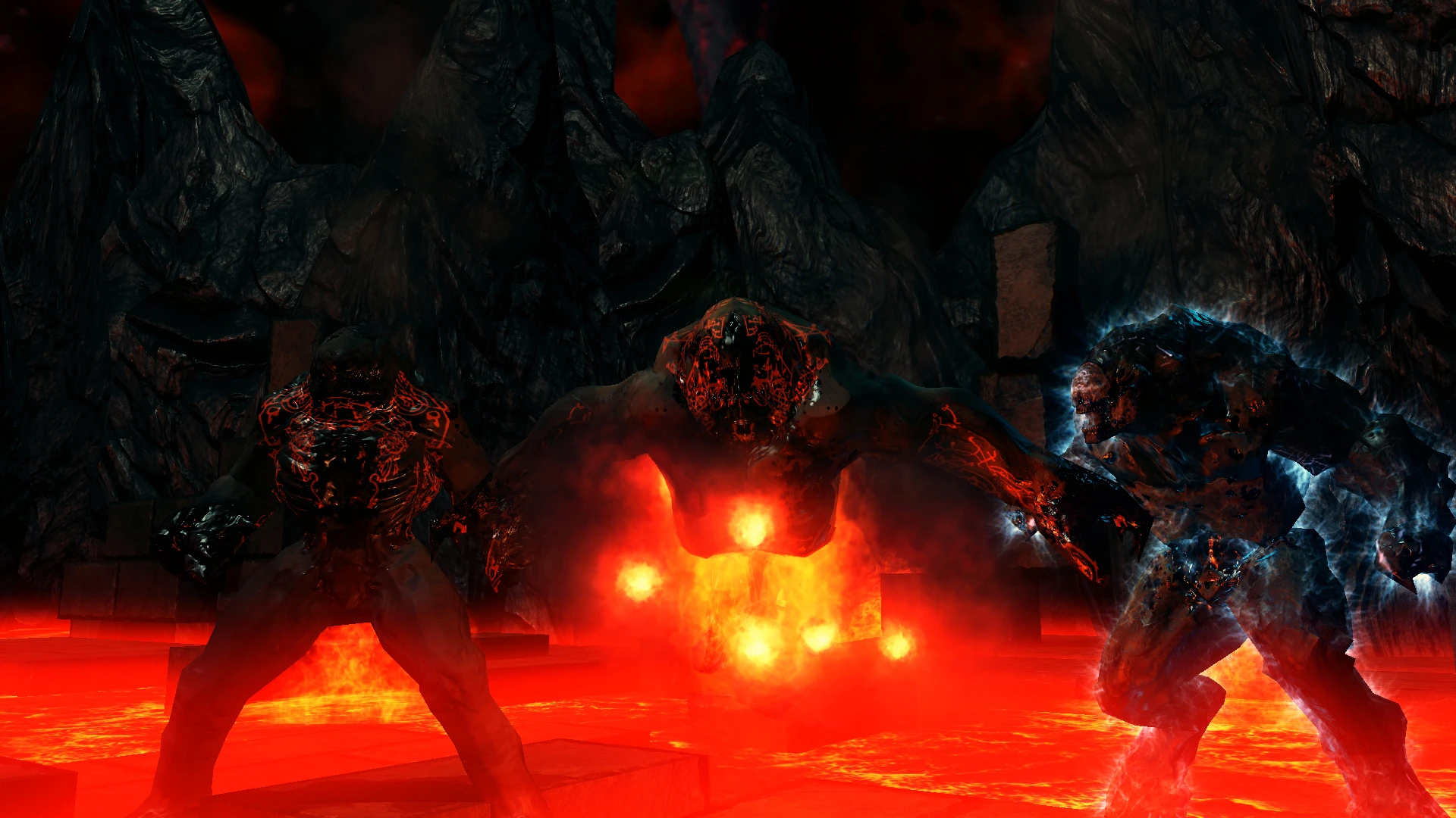 Tres demonios de fuego en medio de lava fundida brillante en una caverna rocosa oscura del mod Doom 3 Perfected