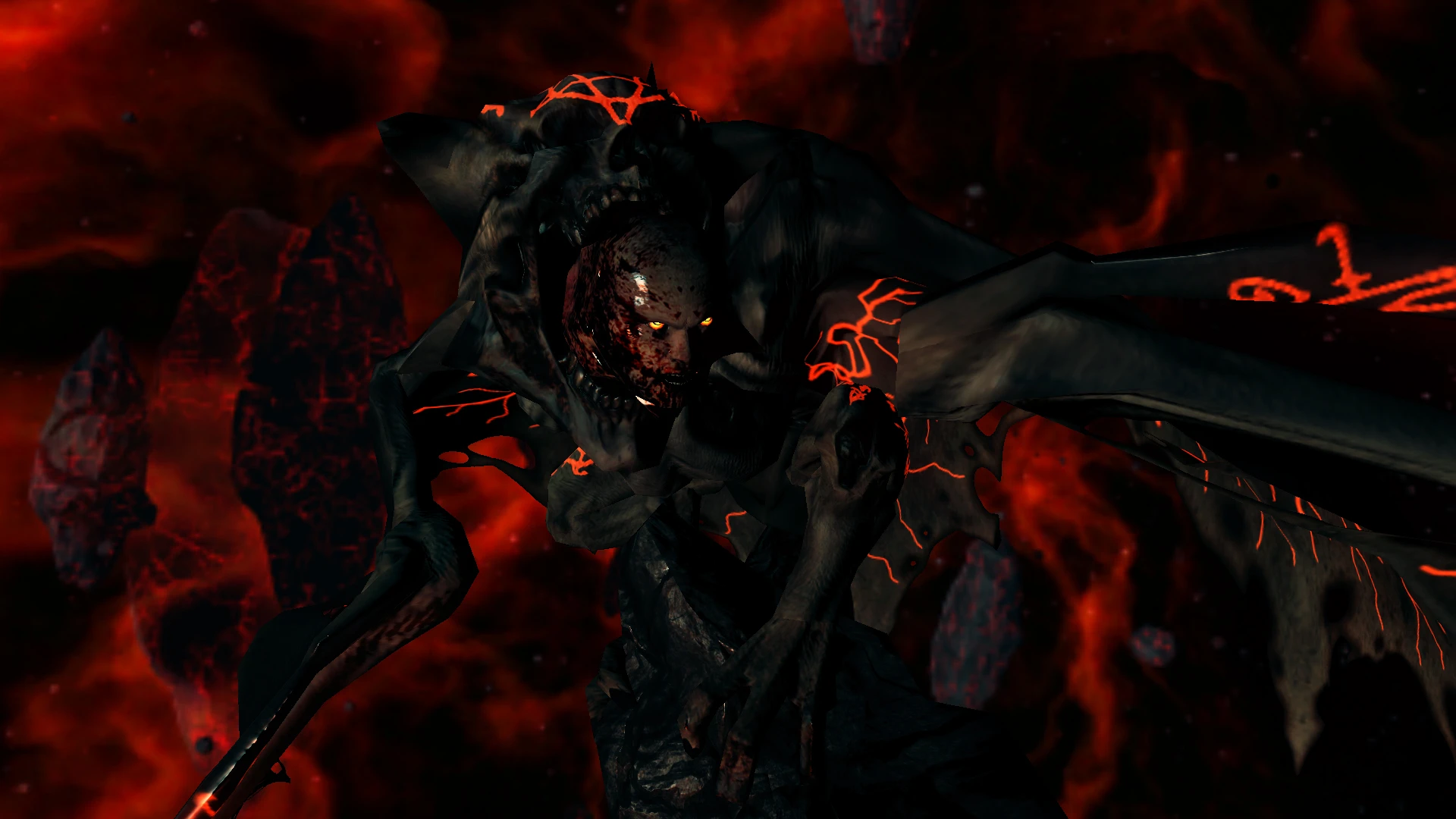Criatura demoníaca oscura con marcas naranjas brillantes y fondo rojo ardiente en el mod Perfected Doom 3