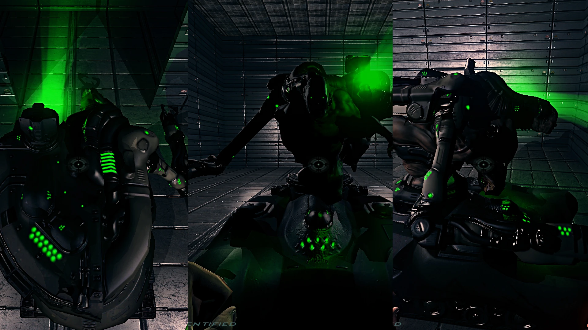 Tres escenas oscuras de combate de ciencia ficción con figuras armadas y efectos verdes brillantes en el mod Perfected Doom 3