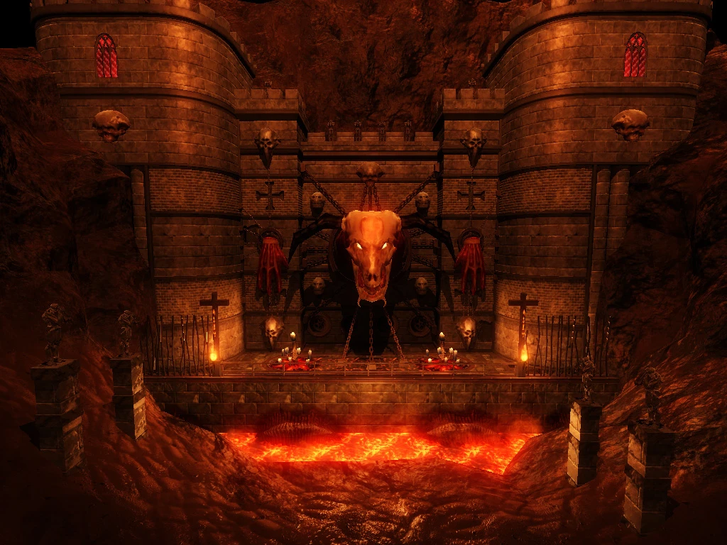 Dunkles Festungsinnere mit Schädelverzierungen, Ketten, Blut, Kerzen und Lavagrube im Doom 3 Rivensin Mod