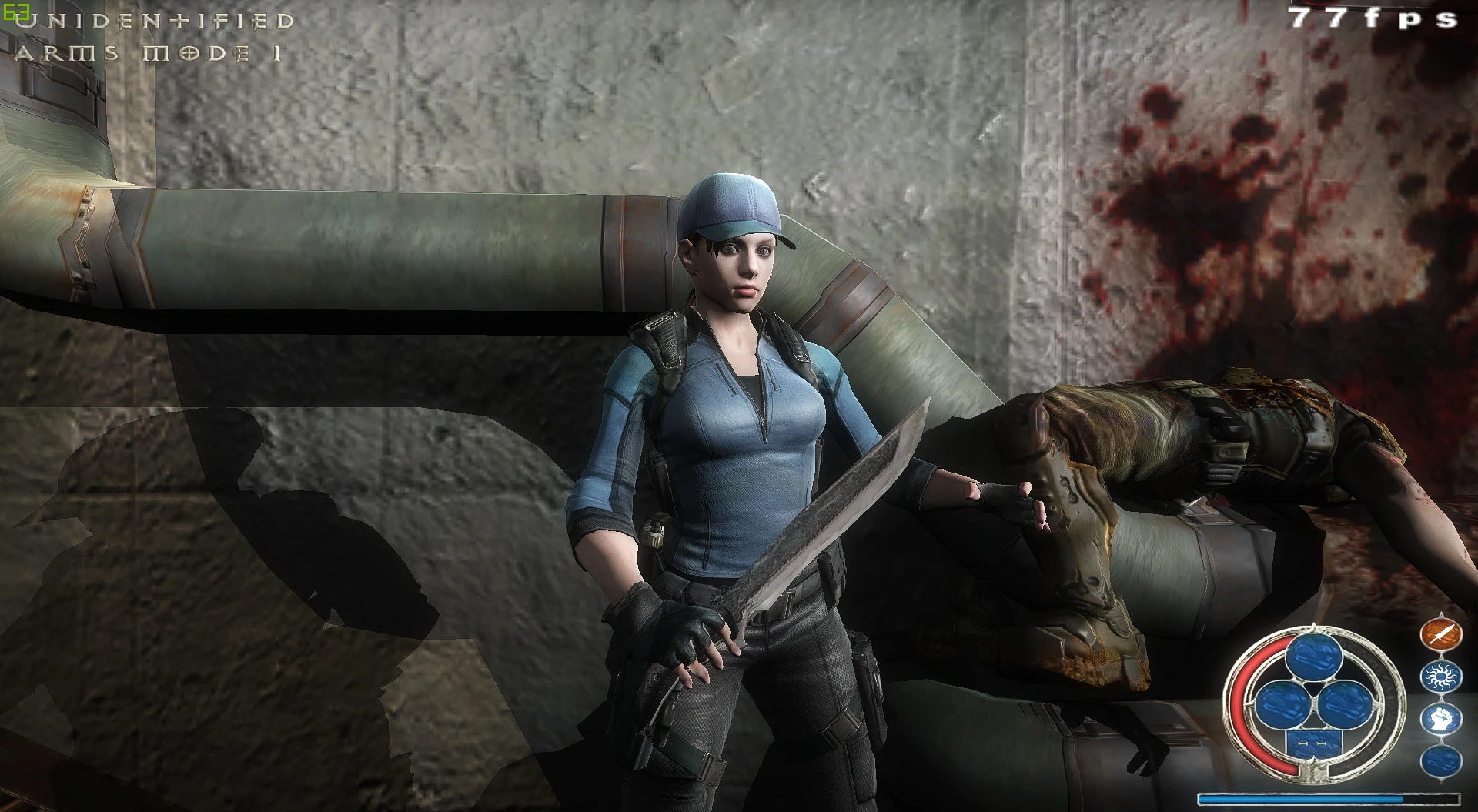 Doom 3 Rivensin Mod Screenshot mit weiblichem Charakter mit Messer und totem Soldaten auf blutbeflecktem Boden