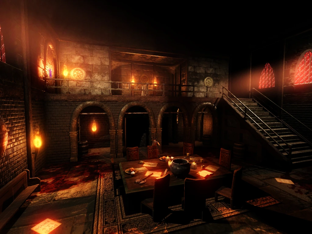 Screenshot aus dem Doom 3 Rivensin Mod mit einem schwach beleuchteten mittelalterlichen Saal, rundem Tisch, Stühlen und Bögen