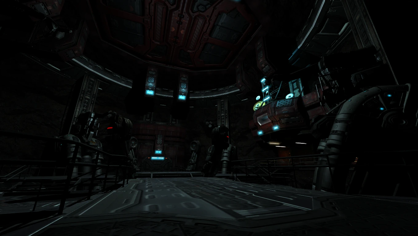 Sala industrial futurista con poca luz, brazos mecánicos y luces azules brillantes en el mod Doom 3 The Lost Mission