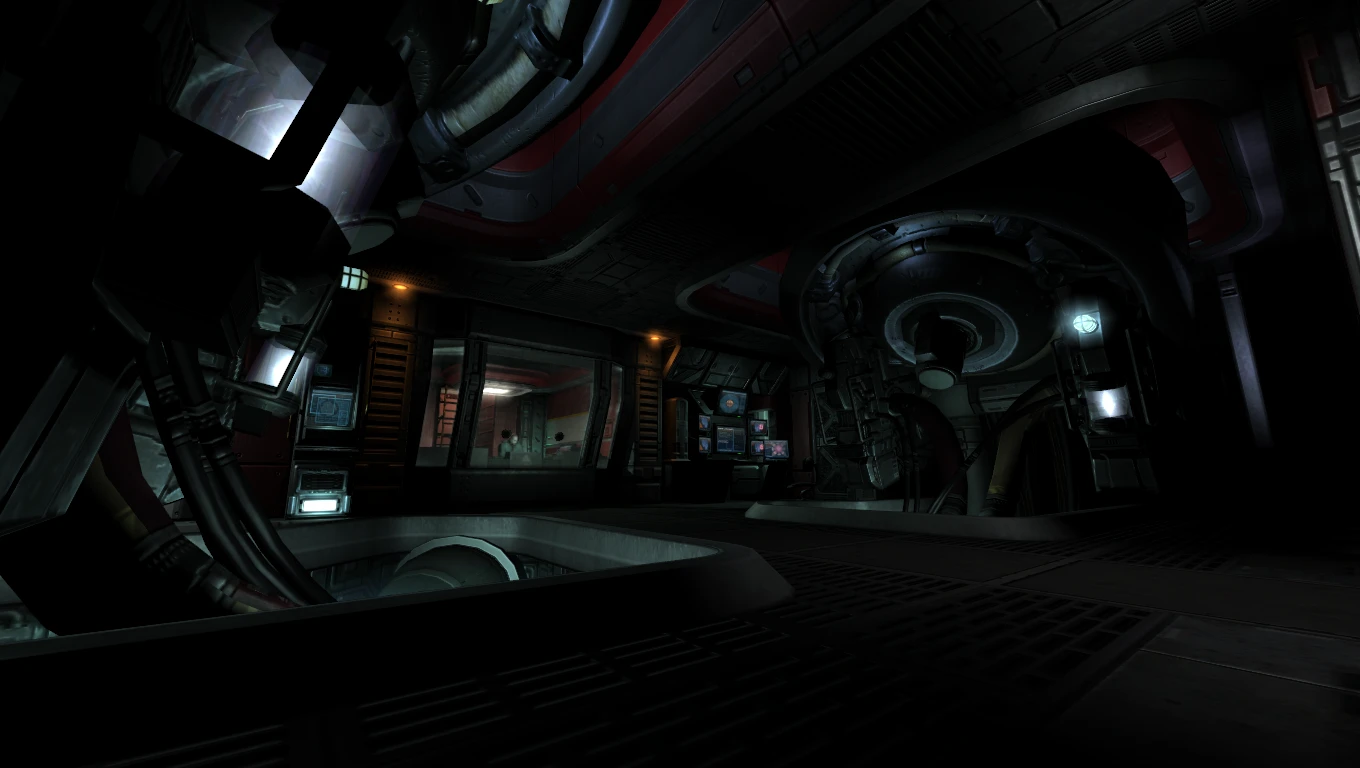Habitación futurista con poca luz mostrando maquinaria detallada, tuberías y monitores en el mod Doom 3