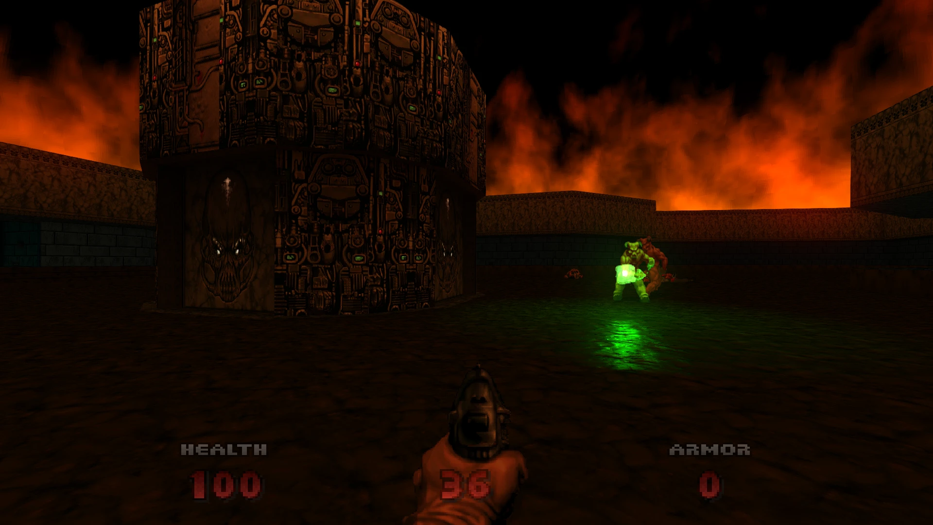 Player in first-person view aiming handgun at a monster shooting a green glowing projectile in a dark fiery environment