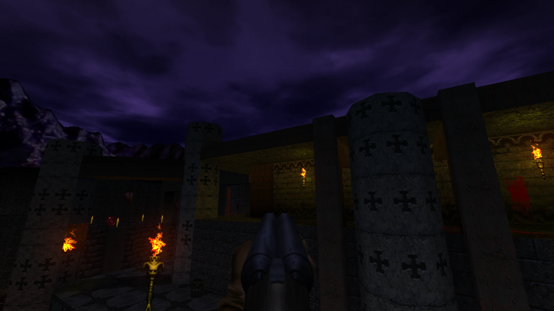 Player aiming a double-barrel shotgun at a fortress lit by torches under a dark purple cloudy sky in Doom CE mod