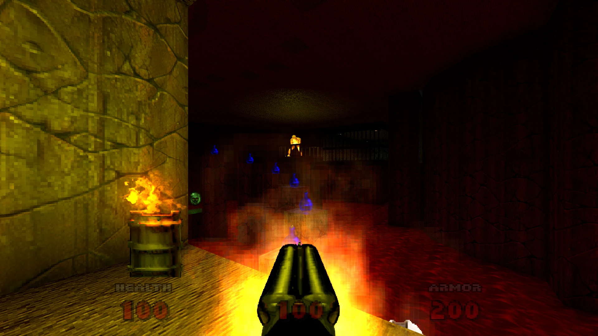 First-person view of shotgun firing in a dark cavern with blue vials and lava in Doom CE mod