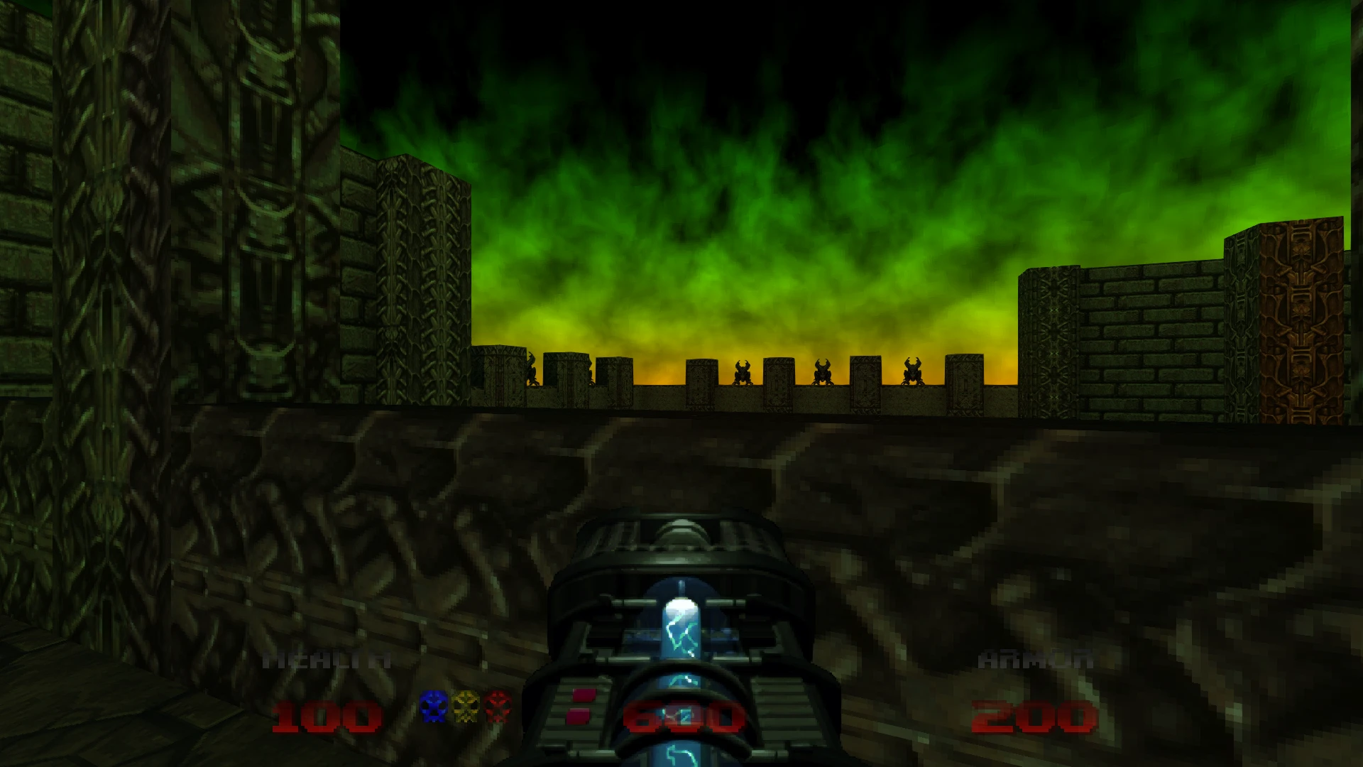 First-person view of futuristic weapon in Doom 64 mod Doom CE with green and yellow sky
