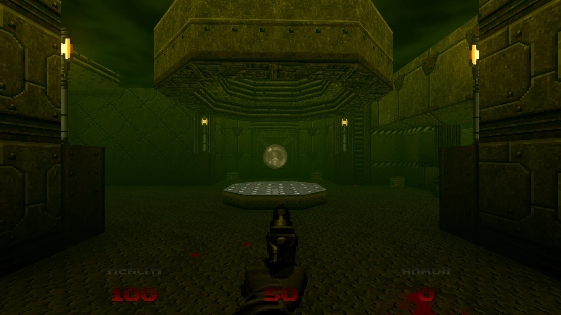First-person view in Doom 64 mod Doom CE of a dark green industrial interior with a floating orb above a platform