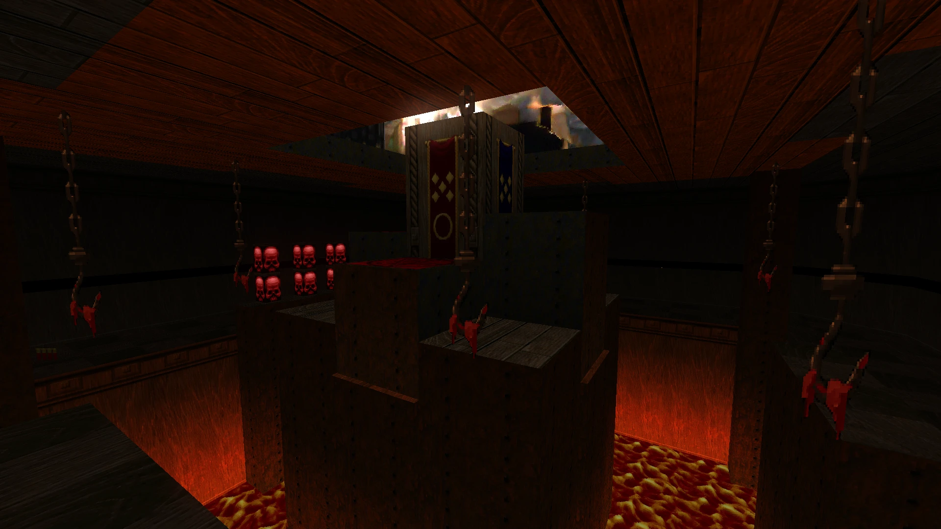 In-game view showing a dark throne room with hanging chains, red skulls, and lava pit below in Doom CE mod