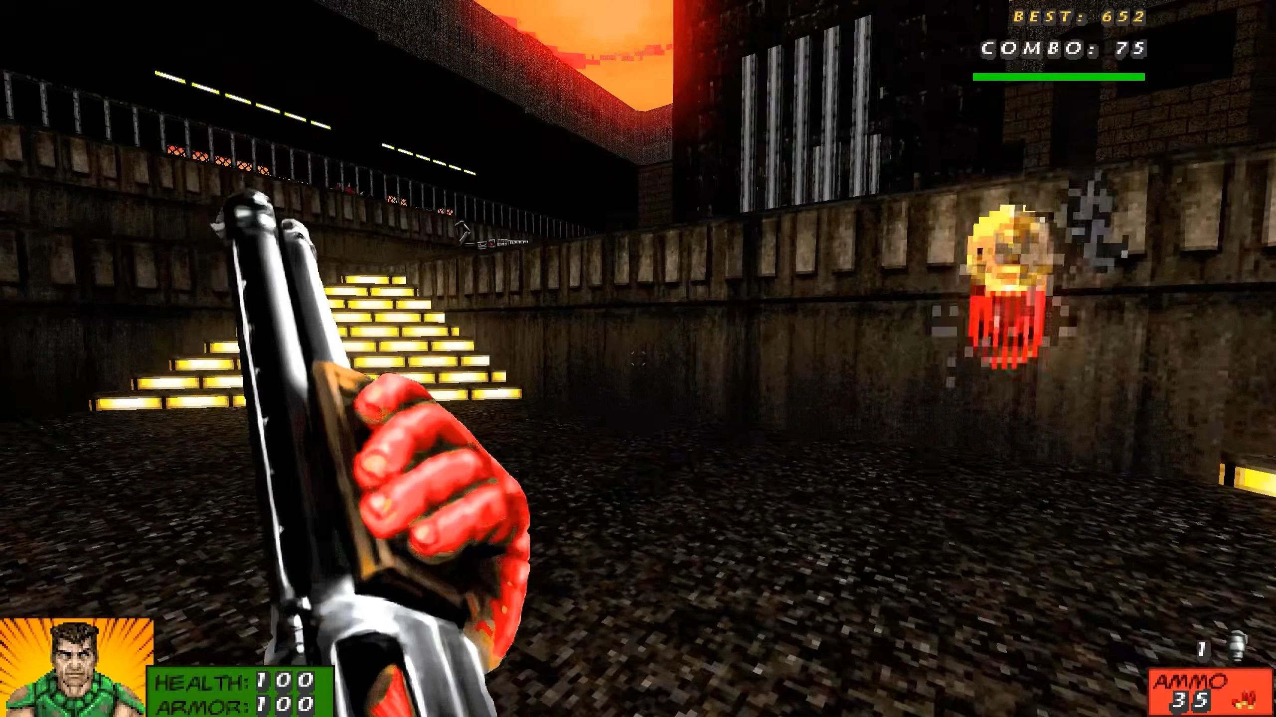 First-person view of Doom II combat with shotgun ready and a flaming enemy in a dark urban level