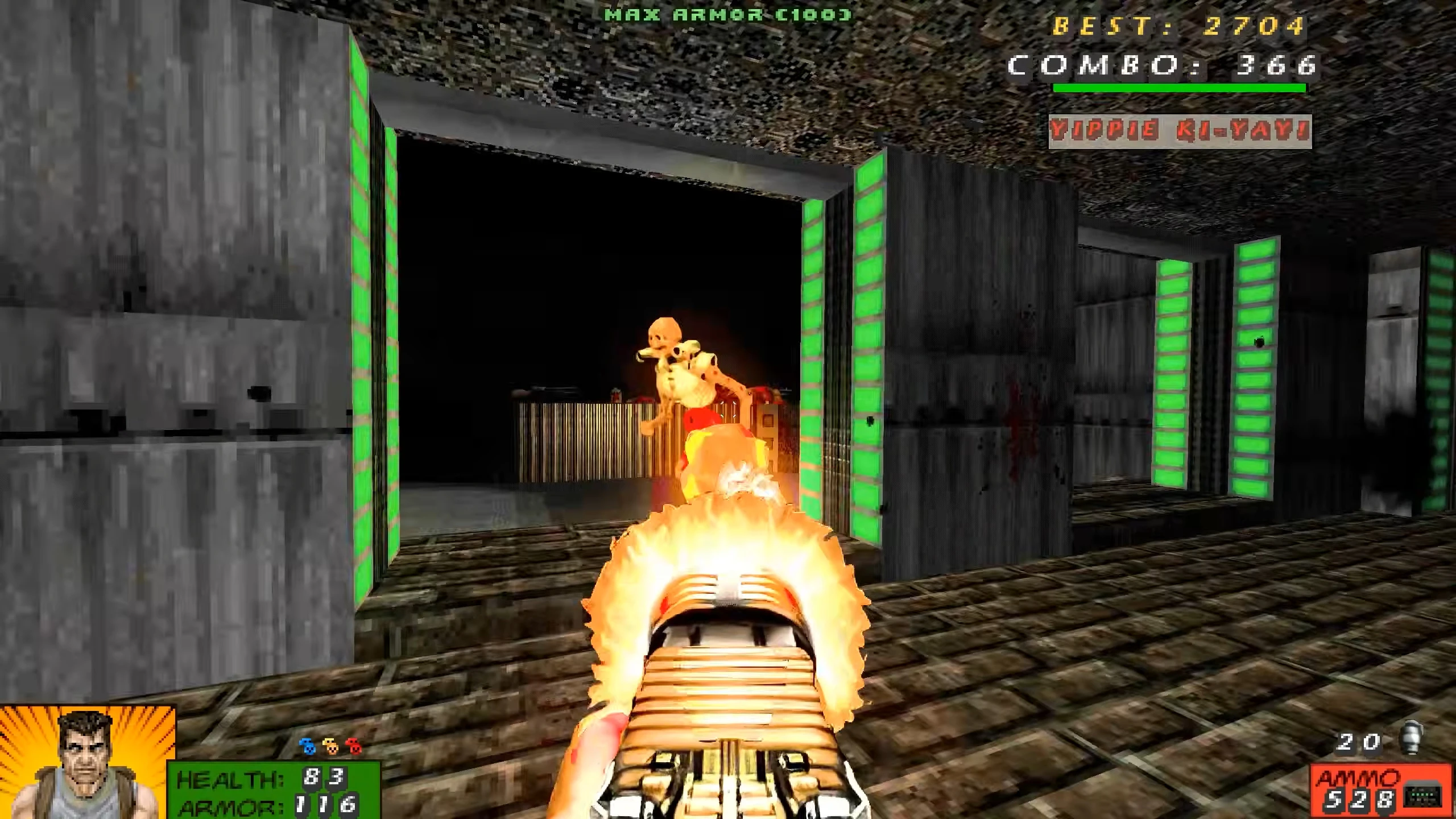 First-person view shooting skeleton demon with a fire effect weapon inside a dark industrial room in Doom II mod