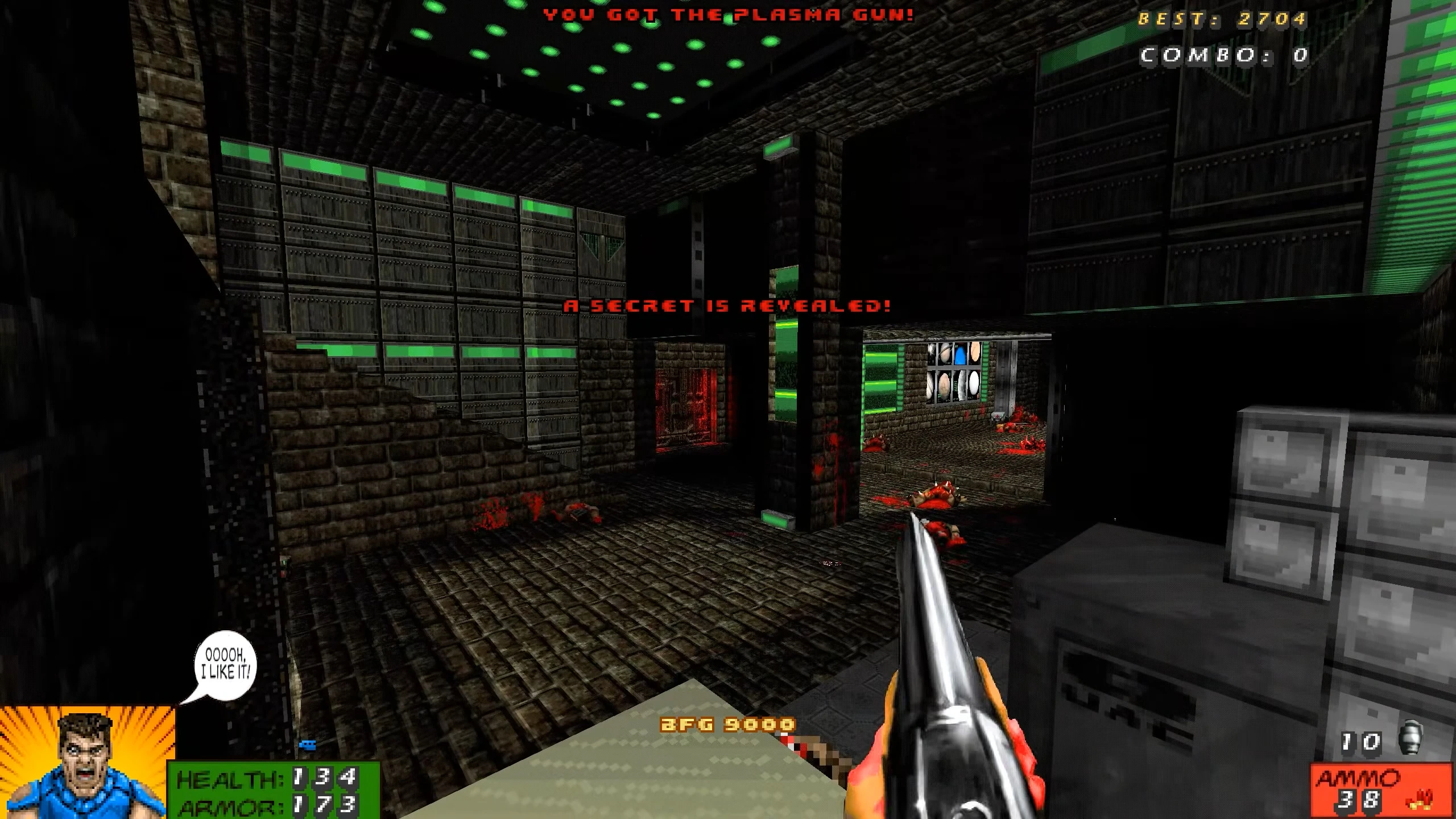 In-game screenshot showing player holding a shotgun in a dark, sci-fi corridor with green lights and ammo status