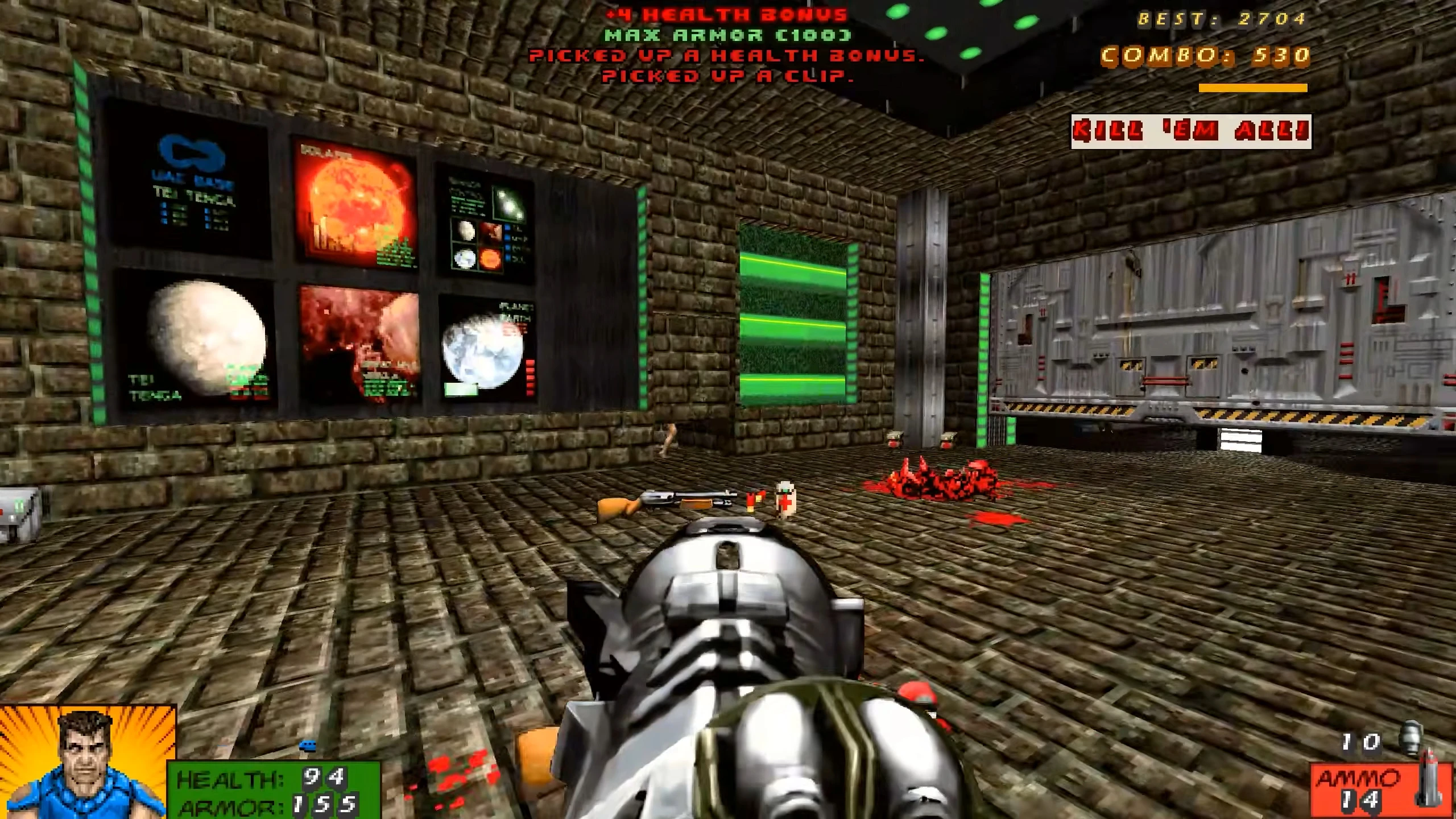 Doom II first-person shooter view showing weapon, ammo count, health status, and sci-fi room with brick walls and display panels