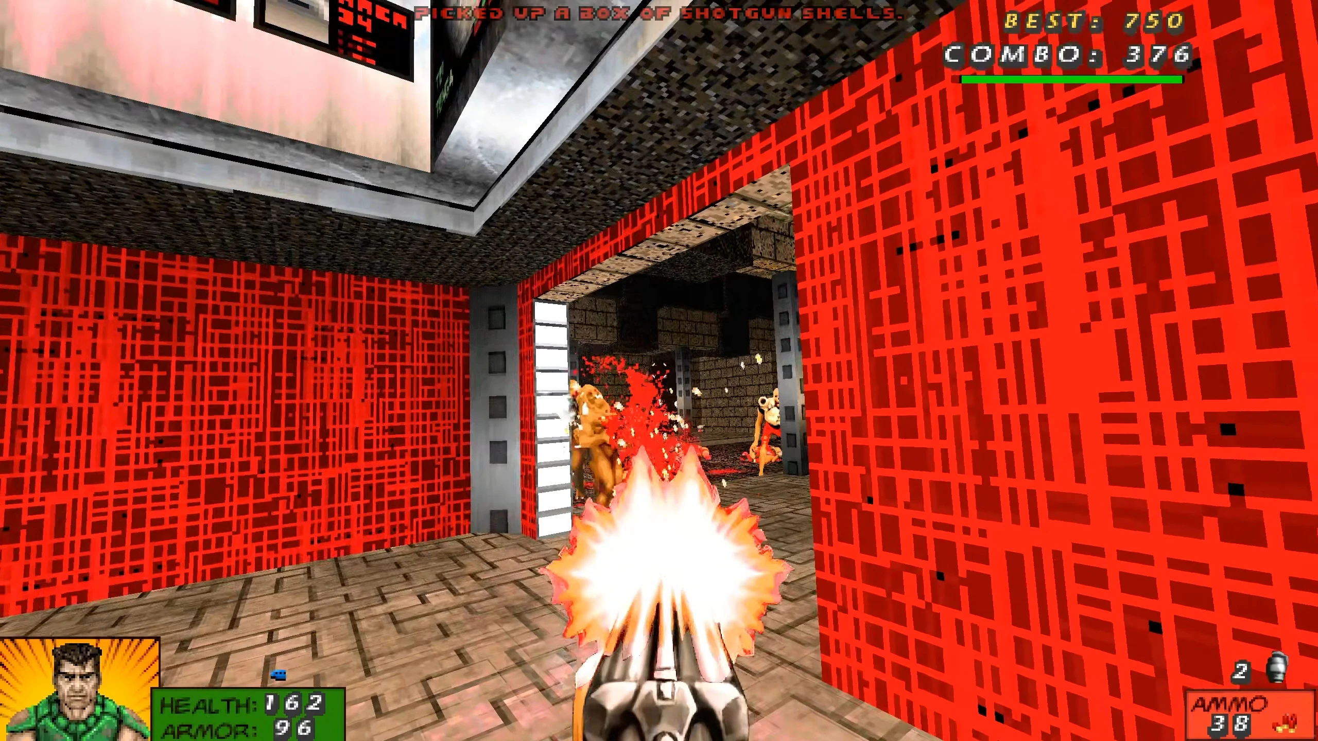 First-person view shooting shotgun at enemies in red-textured room Doom Comic 96 Neural Pack