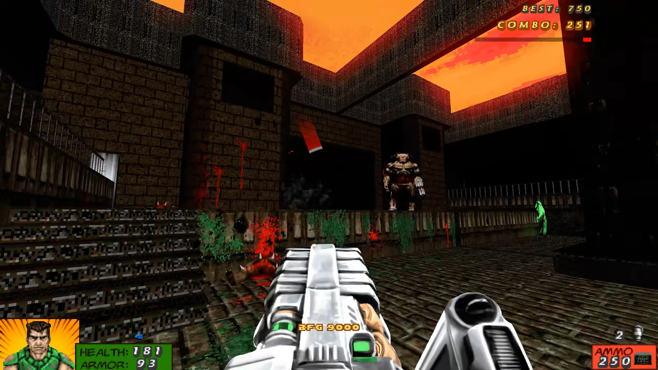 First-person view of Doom II gameplay showing BFG 9000 weapon firing amid pixelated dark fortress and enemies