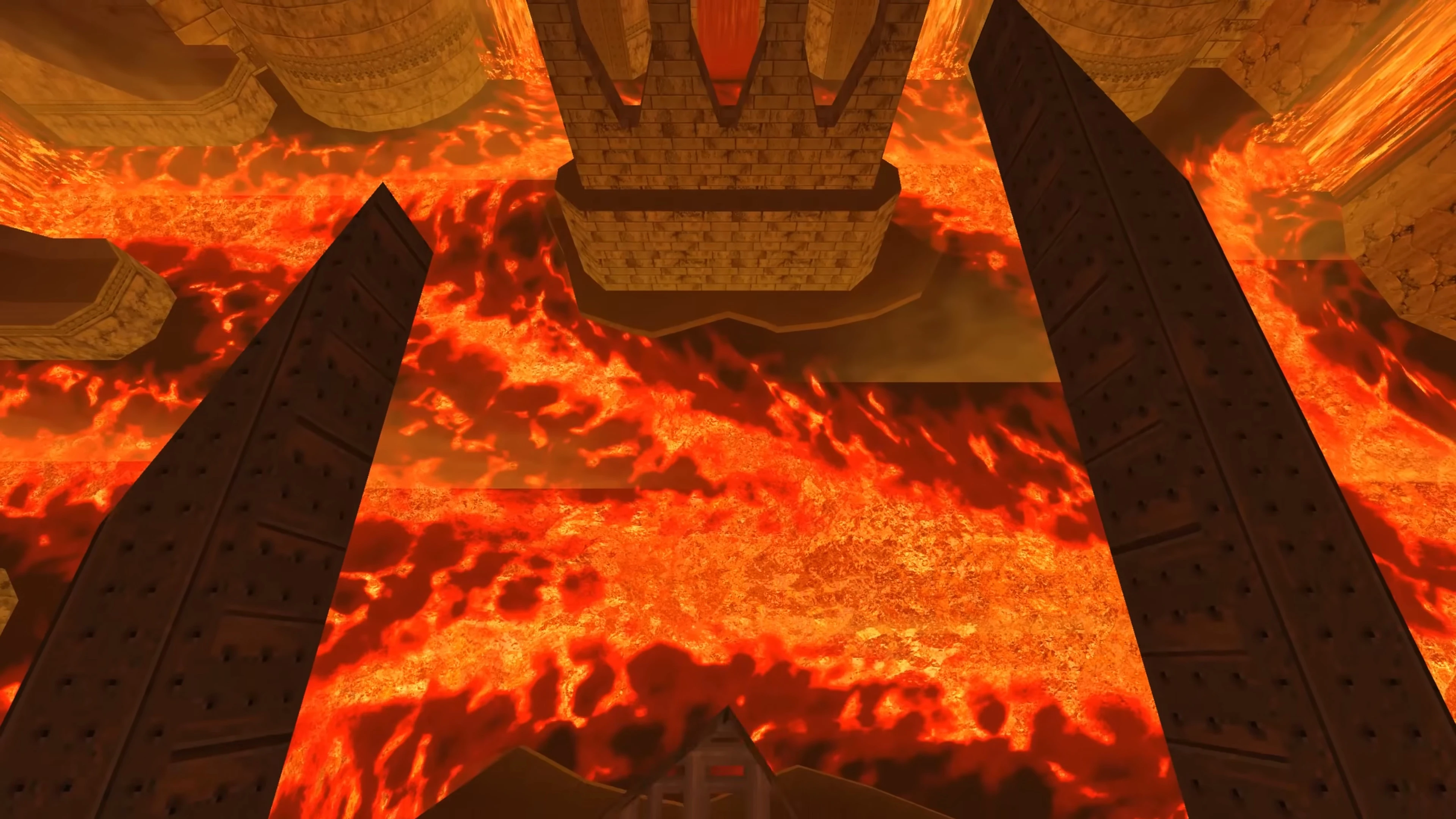Vista desde arriba de un río de lava detallado con texturas brillantes naranja y rojo en el paquete Doom II Liquid Textures