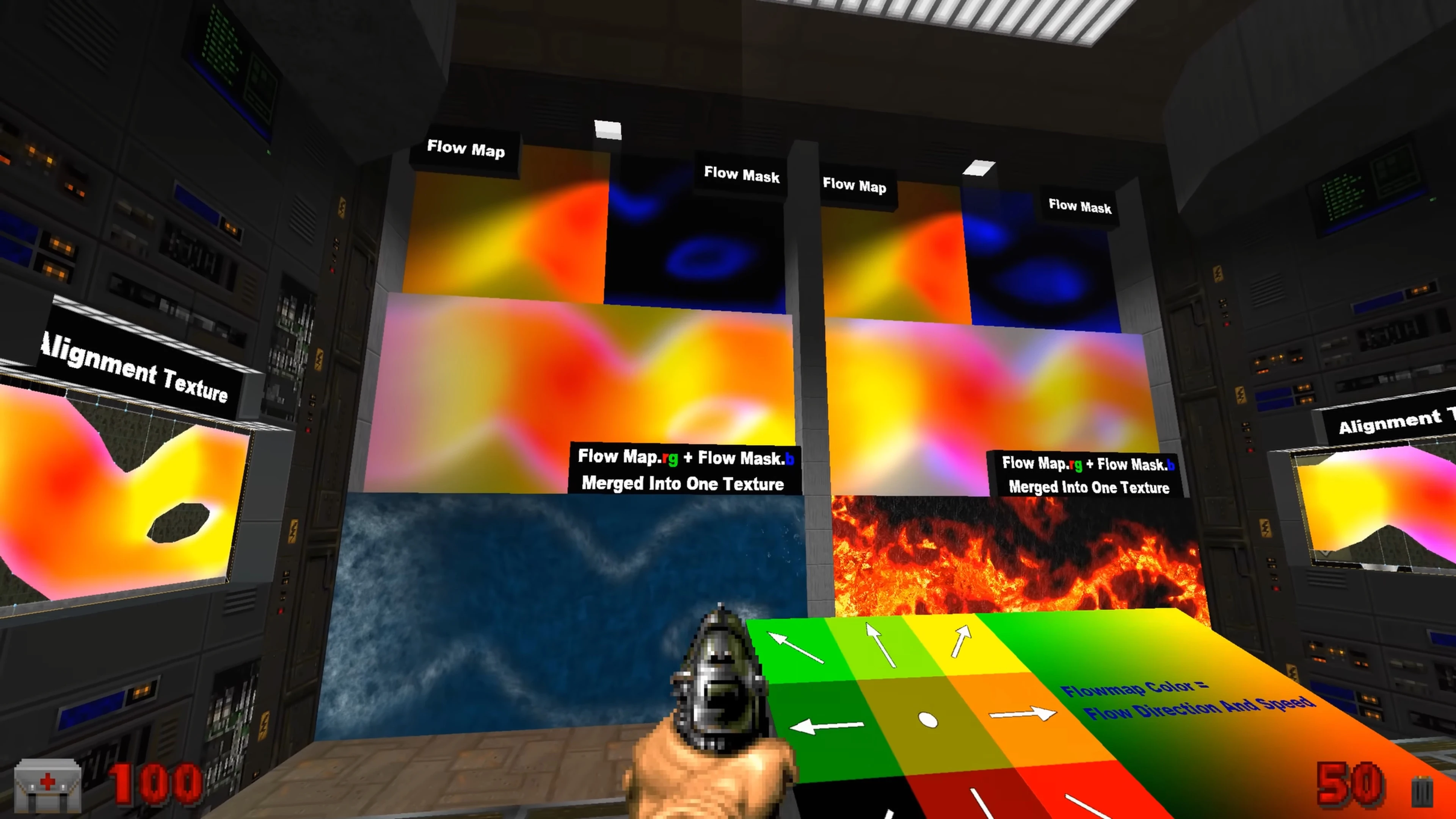 Vista del jugador en sala de Doom II con mapas de flujo, máscaras, textura de alineación y texturas líquidas combinadas etiquetadas