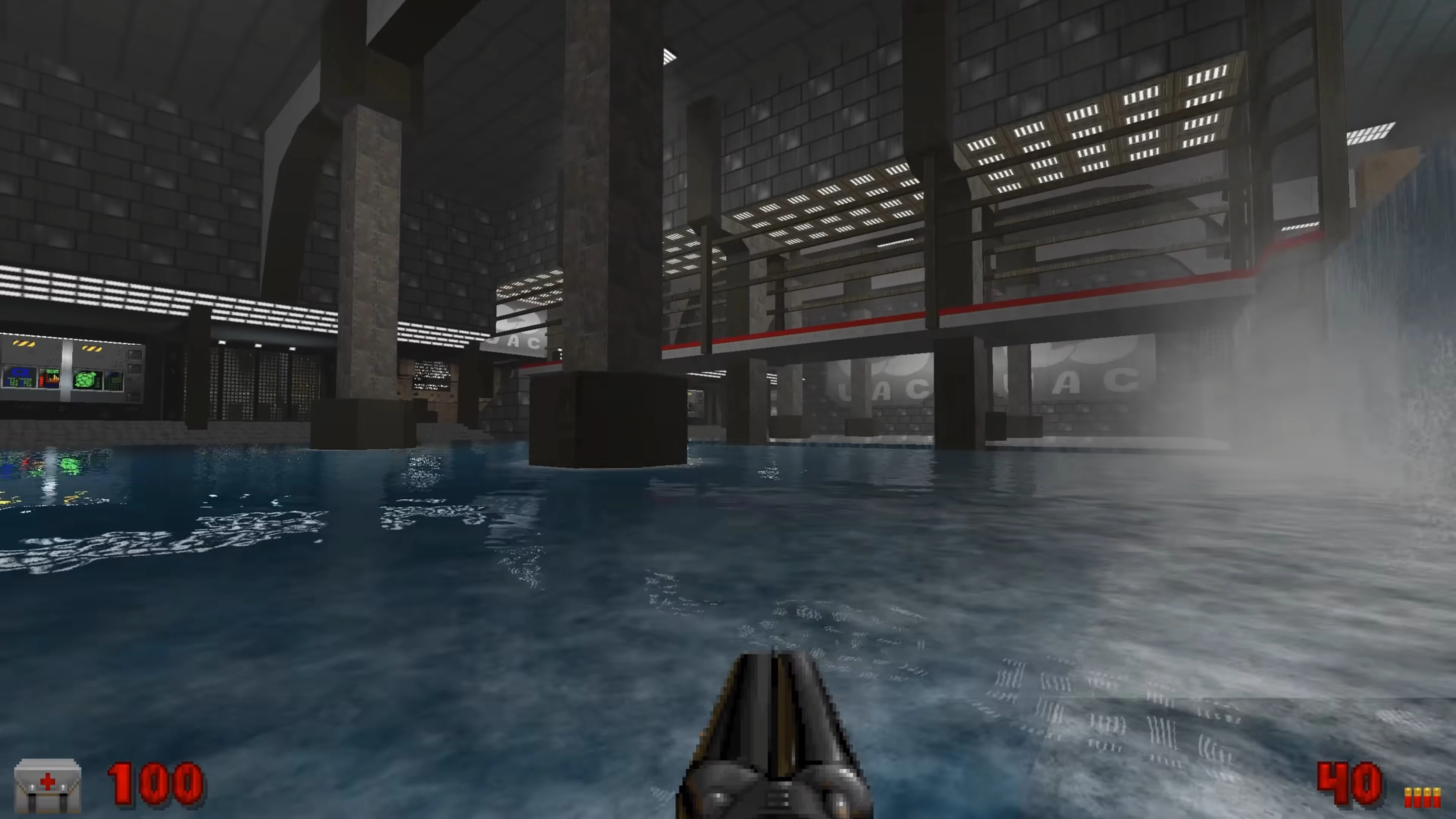 Captura del juego mostrando reflejos detallados y ondas en el agua usando el paquete de texturas líquidas de Doom