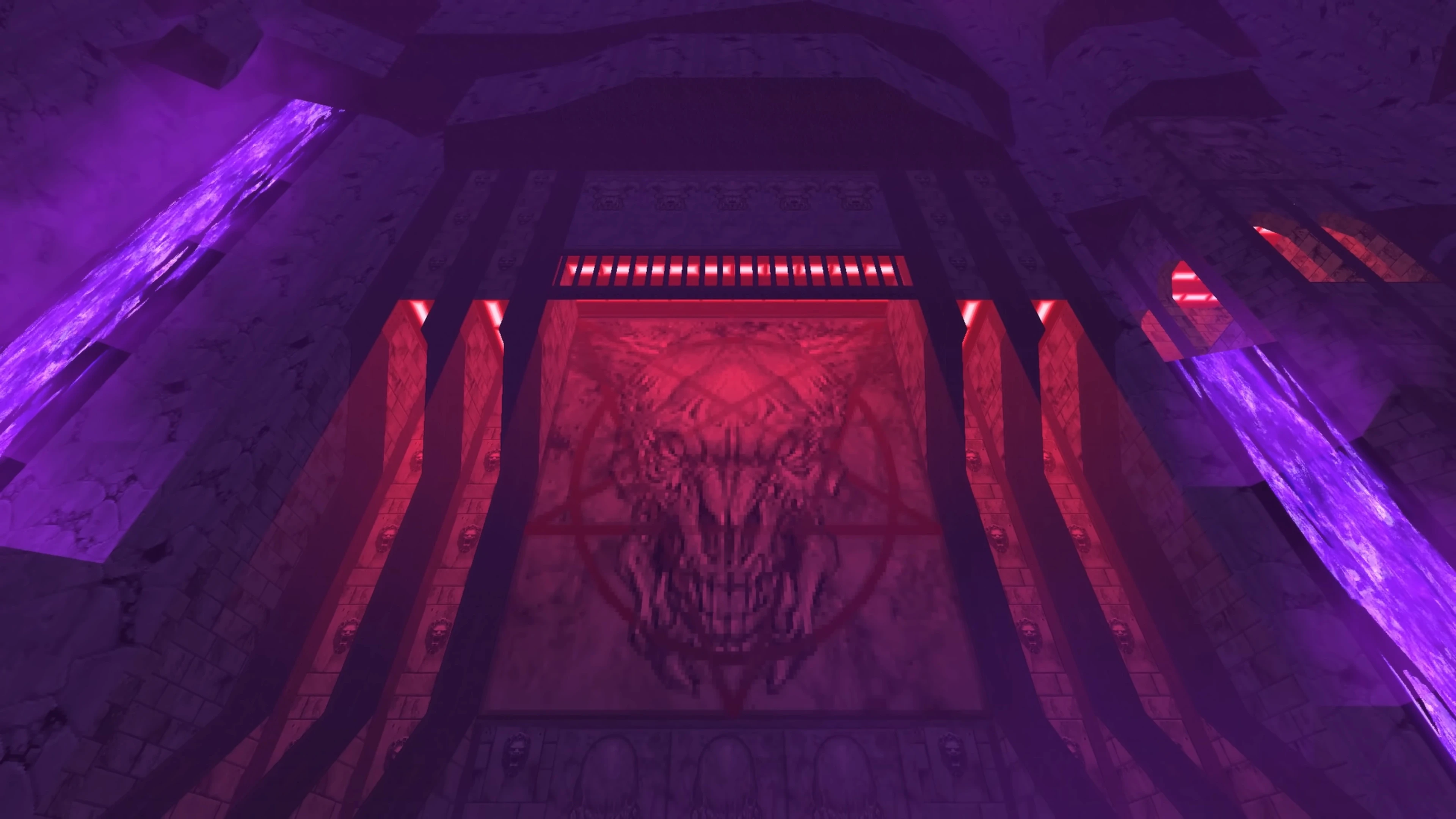 Habitación oscura infernal con iluminación roja y texturas líquidas moradas del complemento de Doom II