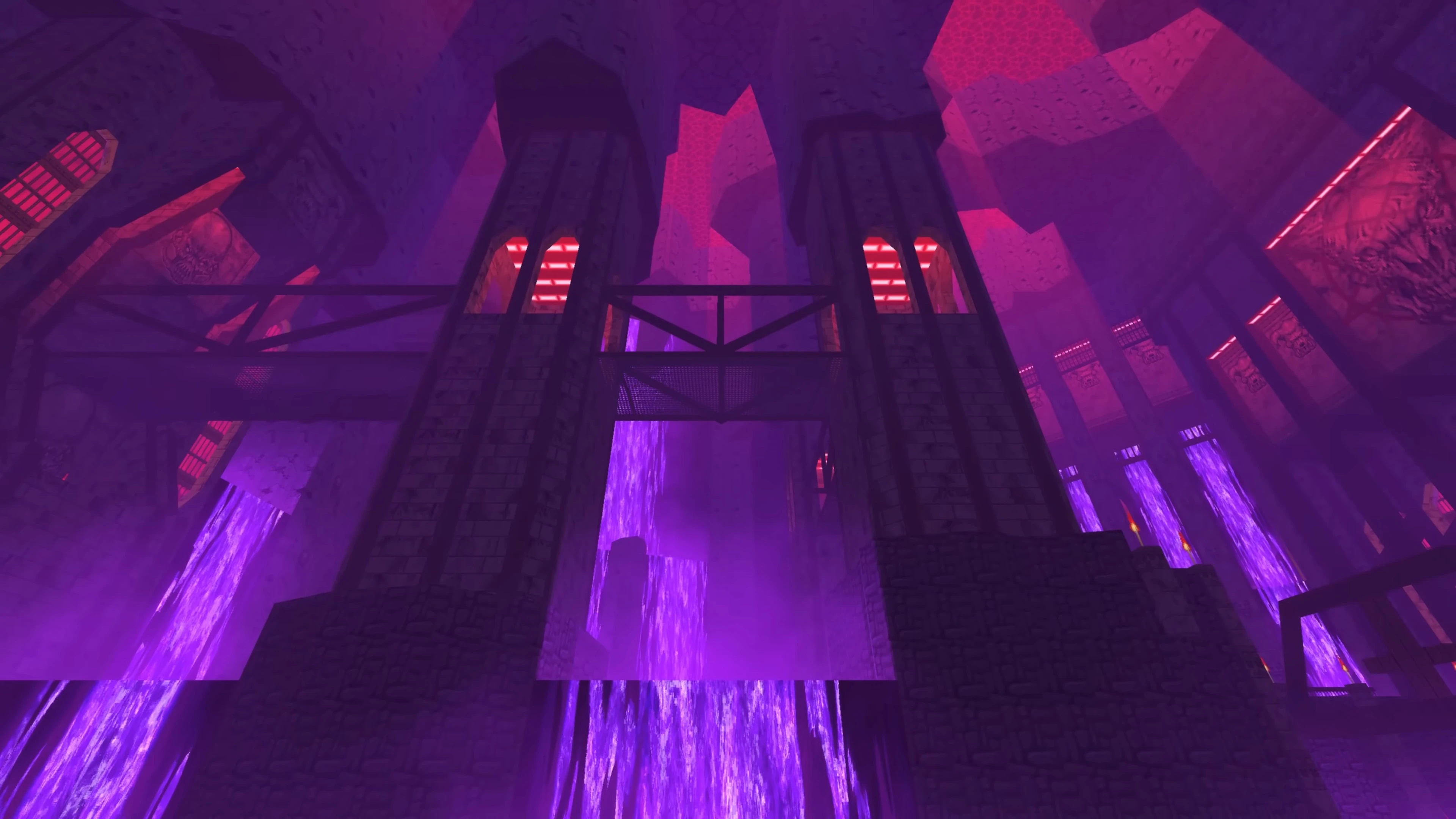 Captura de pantalla de Doom II con cascadas líquidas moradas brillantes en un interior gótico oscuro con pilares de piedra y vigas