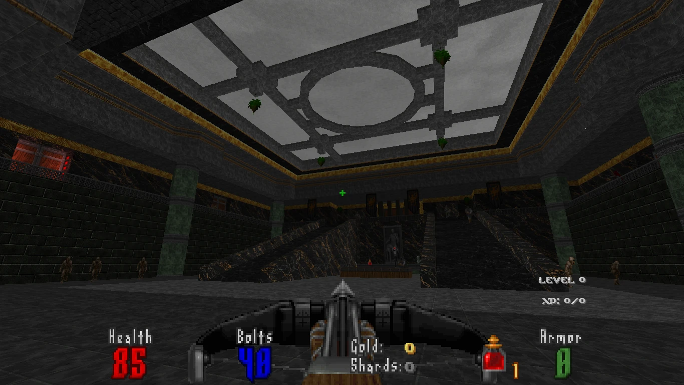 First-person view of a dark castle hall with stairs, pillars, and game HUD showing health, bolts, and armor in Abysm 2 mod
