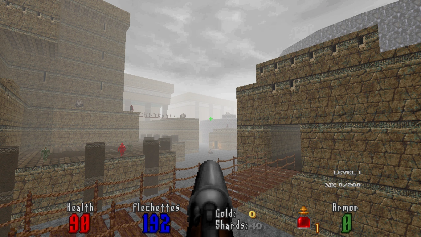 Player holding shotgun on a wooden bridge overlooking foggy ancient stone buildings with enemies in Doom II mod Abysm 2
