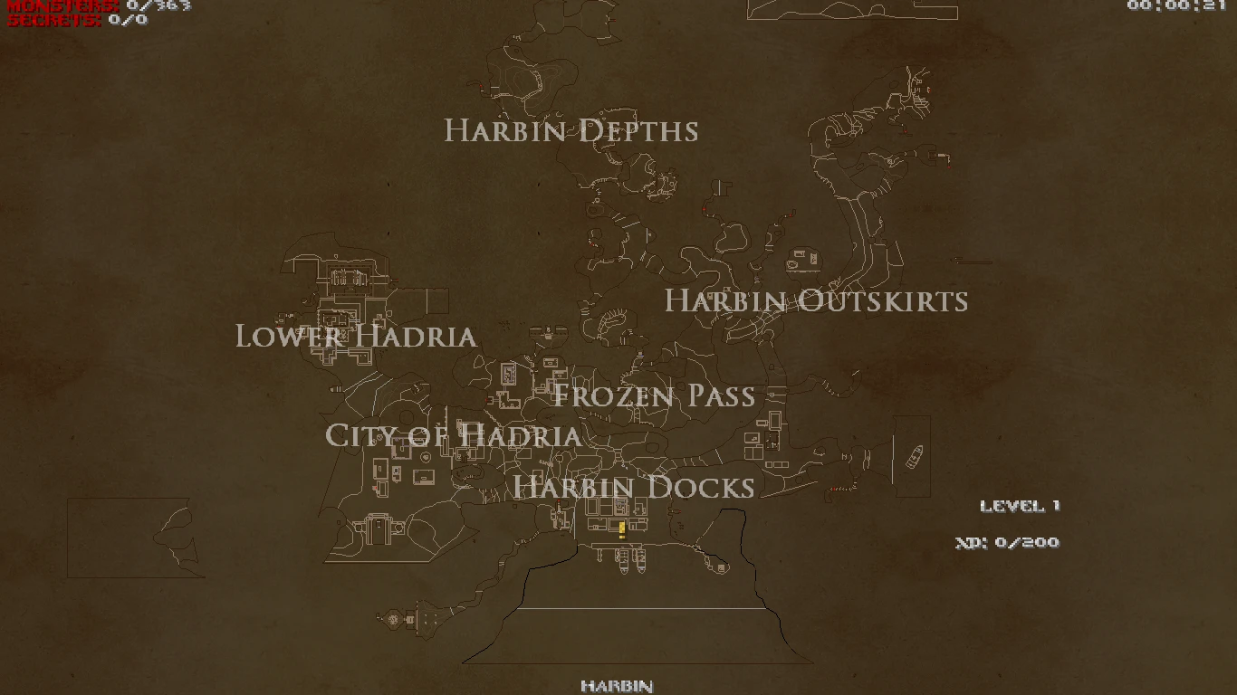 In-game Doom II Abysm 2 mod map showing key areas like Harbin Docks, Frozen Pass, and City of Hadria