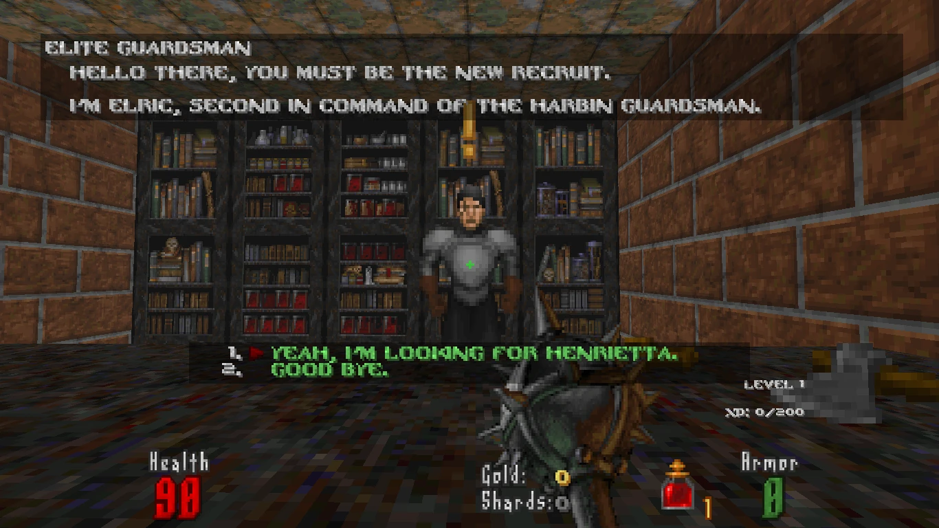 In-game dialogue screen showing player speaking to elite guardsman with health and inventory stats visible