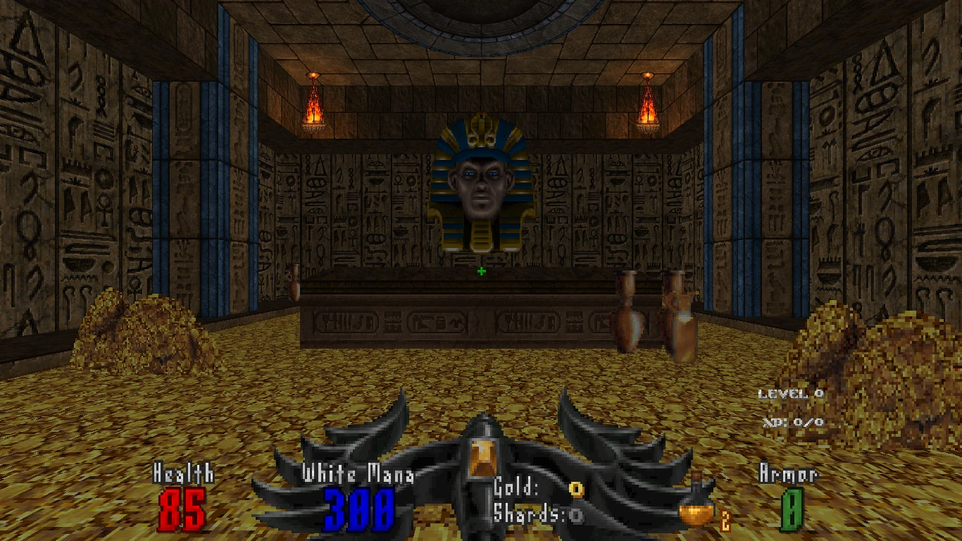 Player view of a hieroglyph-covered ancient Egyptian chamber with gold coins and a floating pharaoh head in Doom II mod Abysm 2