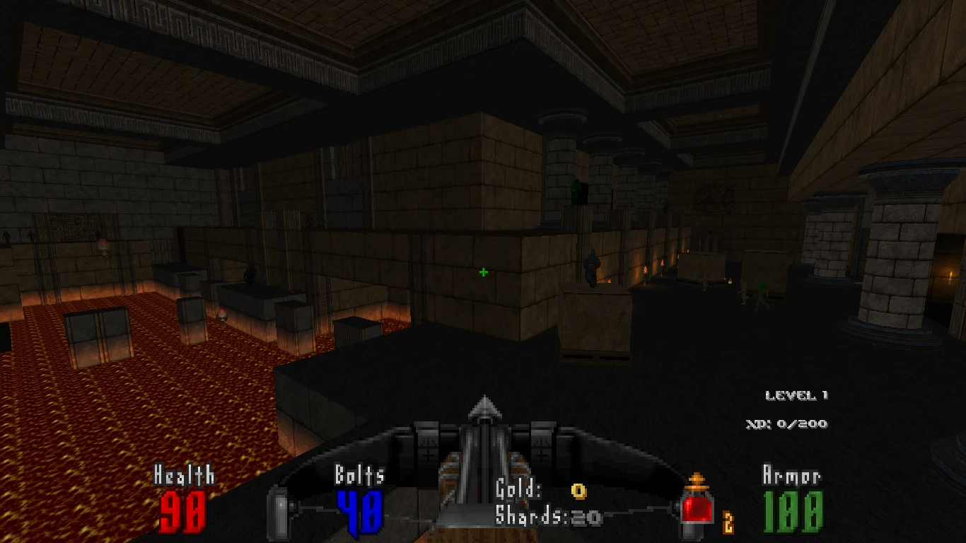 Player standing in dark stone dungeon over lava with crossbow aimed forward showing health bolts and armor