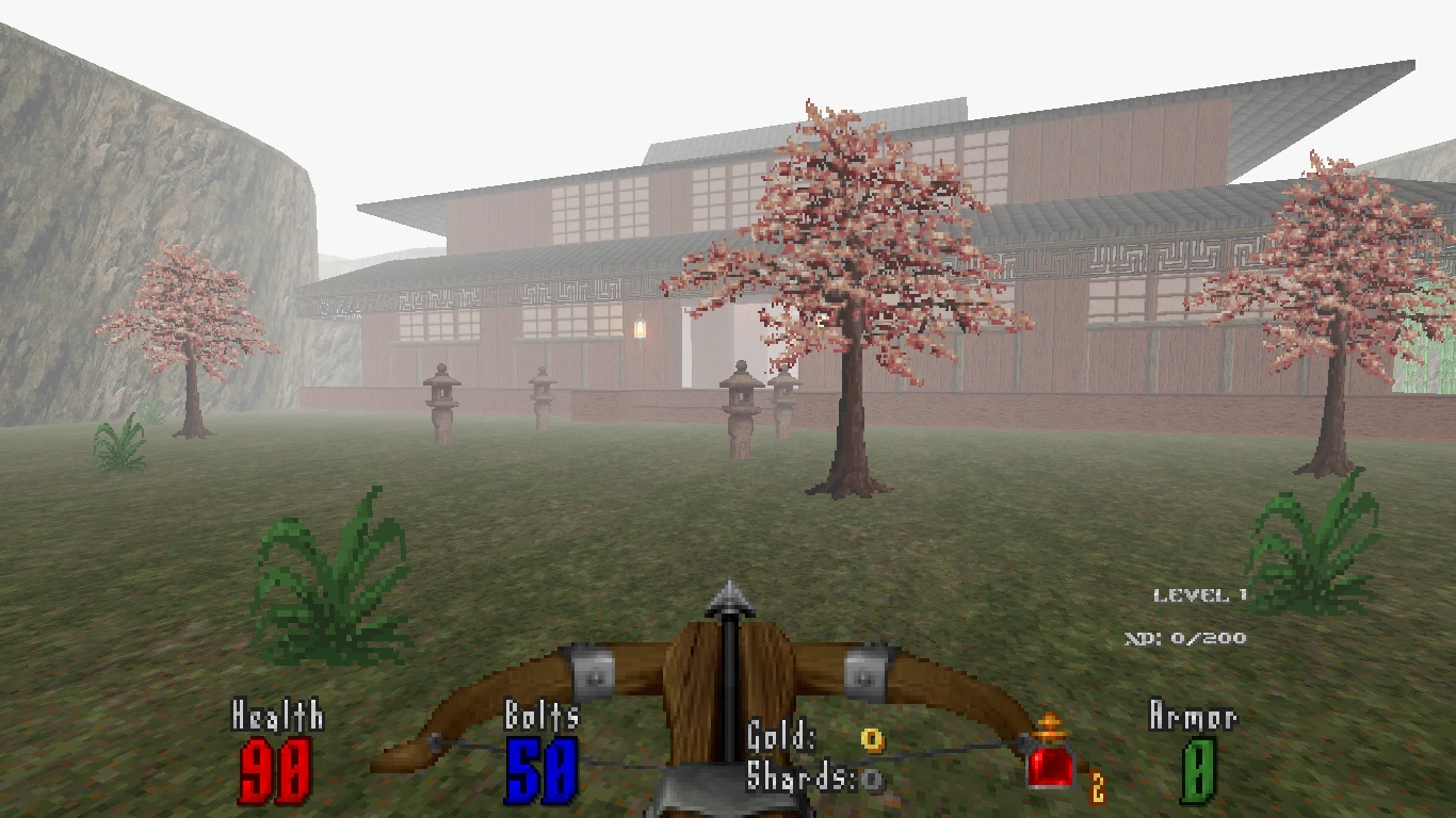 First-person view in Doom II Abysm 2 mod showing crossbow aiming at Japanese-style house with cherry blossom trees